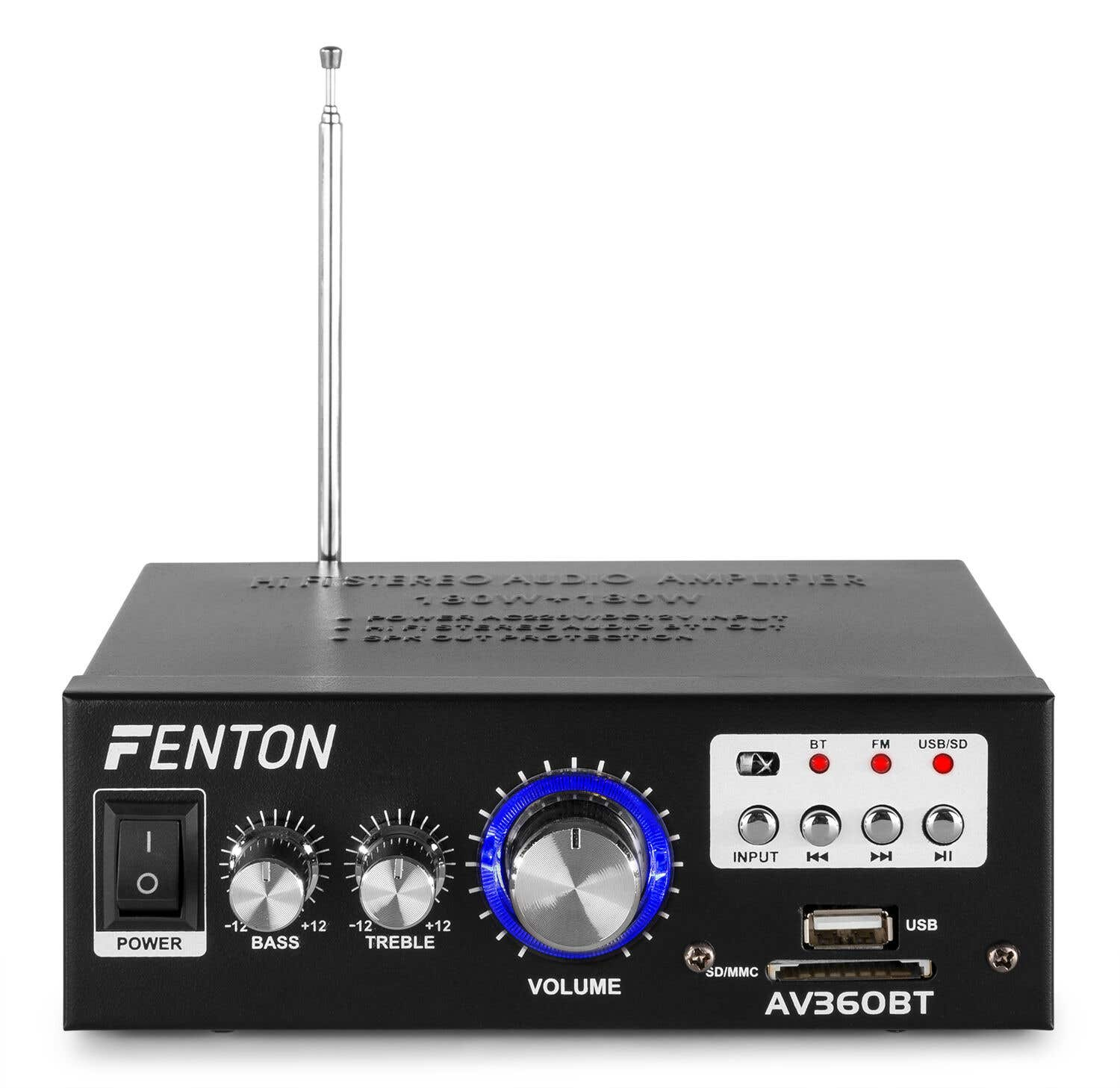 Un amplificador estéreo negro Fenton AV360BT. Tiene un botón de encendido, controles de graves y agudos, mando de volumen y puertos USB/SD.