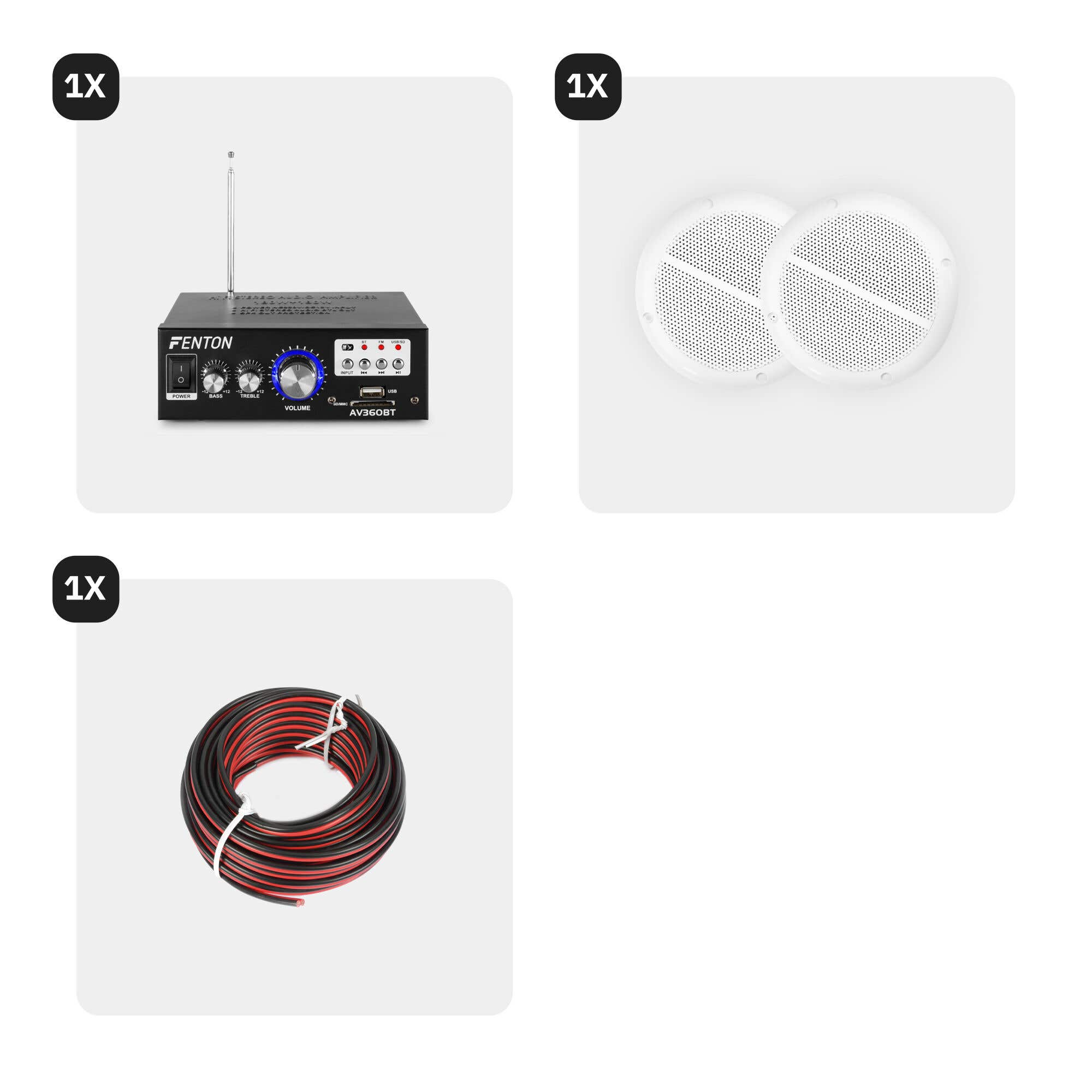 La imagen muestra un amplificador negro, dos altavoces blancos y un rollo de cable rojo-negro.