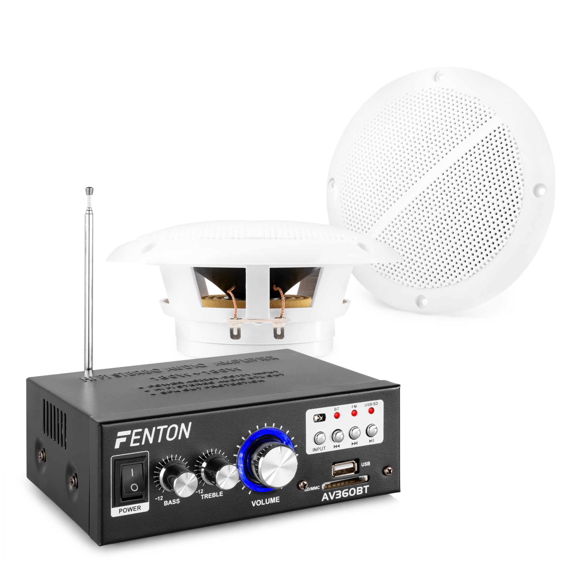 Un altavoz blanco y un amplificador negro con controles de volumen y graves. El amplificador tiene un logotipo de FENTON.