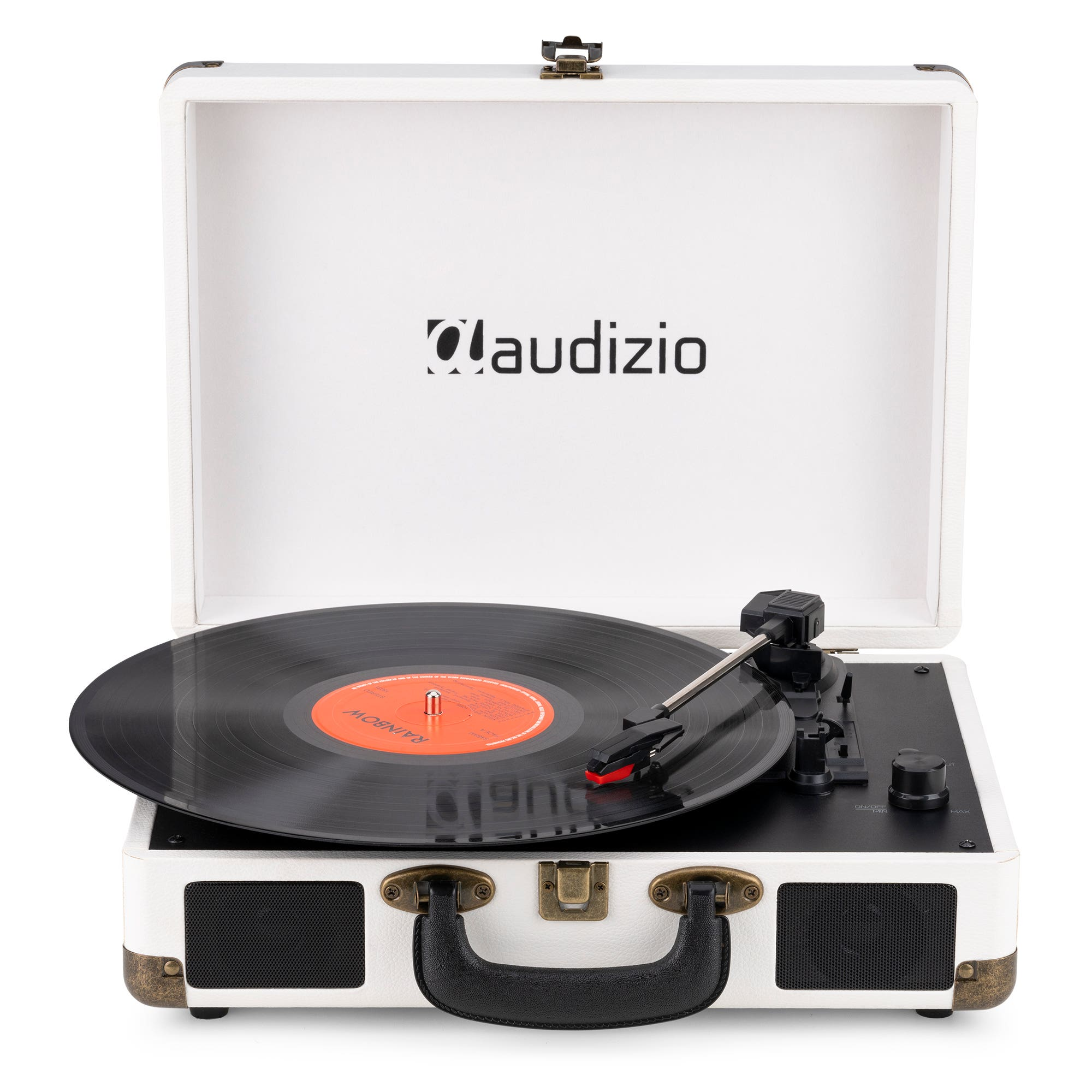 Tocadiscos blanco con un disco de vinilo negro. La caja está abierta, mostrando el disco y el logotipo de Audizio.