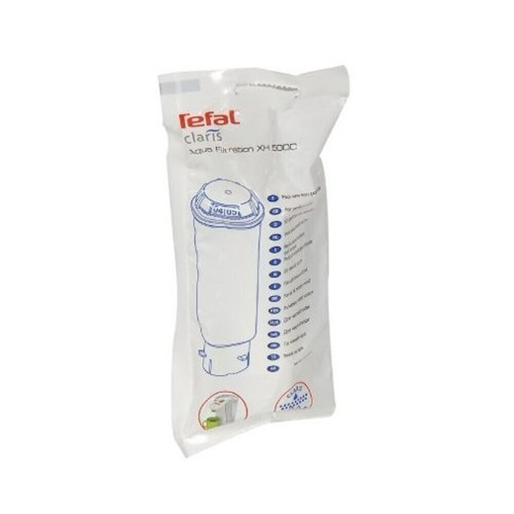 Eine weiße Plastikverpackung mit einem Tefal claris aqua Filtration XH500C Filter. Es ist ein Filter für Wasser, mit einem schematischen Bild darauf.