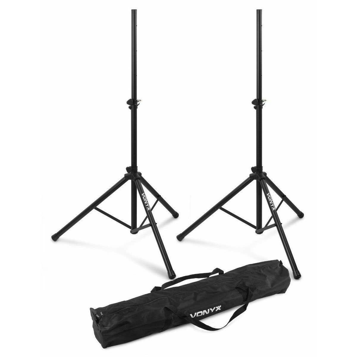 Dos soportes negros para altavoces y una bolsa de transporte negra con texto "Vonyx" blanco sobre fondo blanco.
