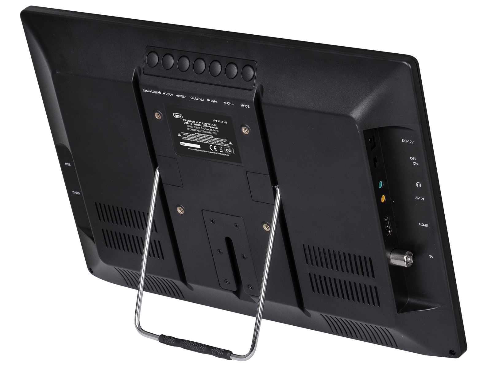 Parte trasera de un televisor portátil negro. Tiene un soporte, botones y puertos para USB, AV e HD-IN. Etiquetas como 'USB' y 'CARD'.