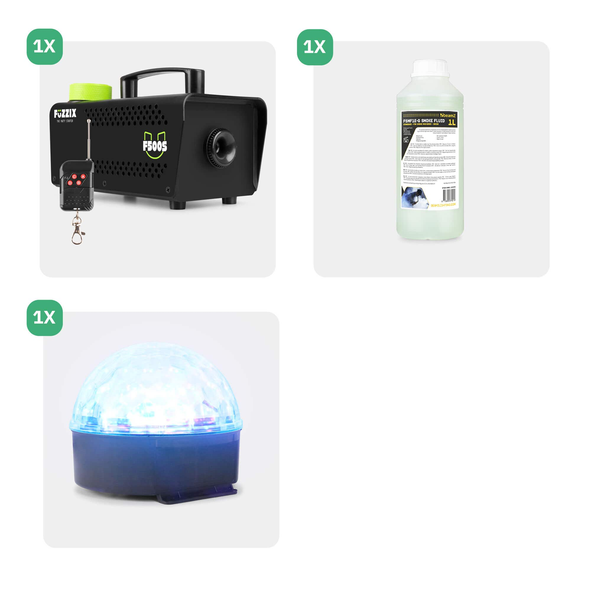 Máquina de humo negra con mando, tapa verde. Botella de líquido de humo y bola de discoteca con luces azules.