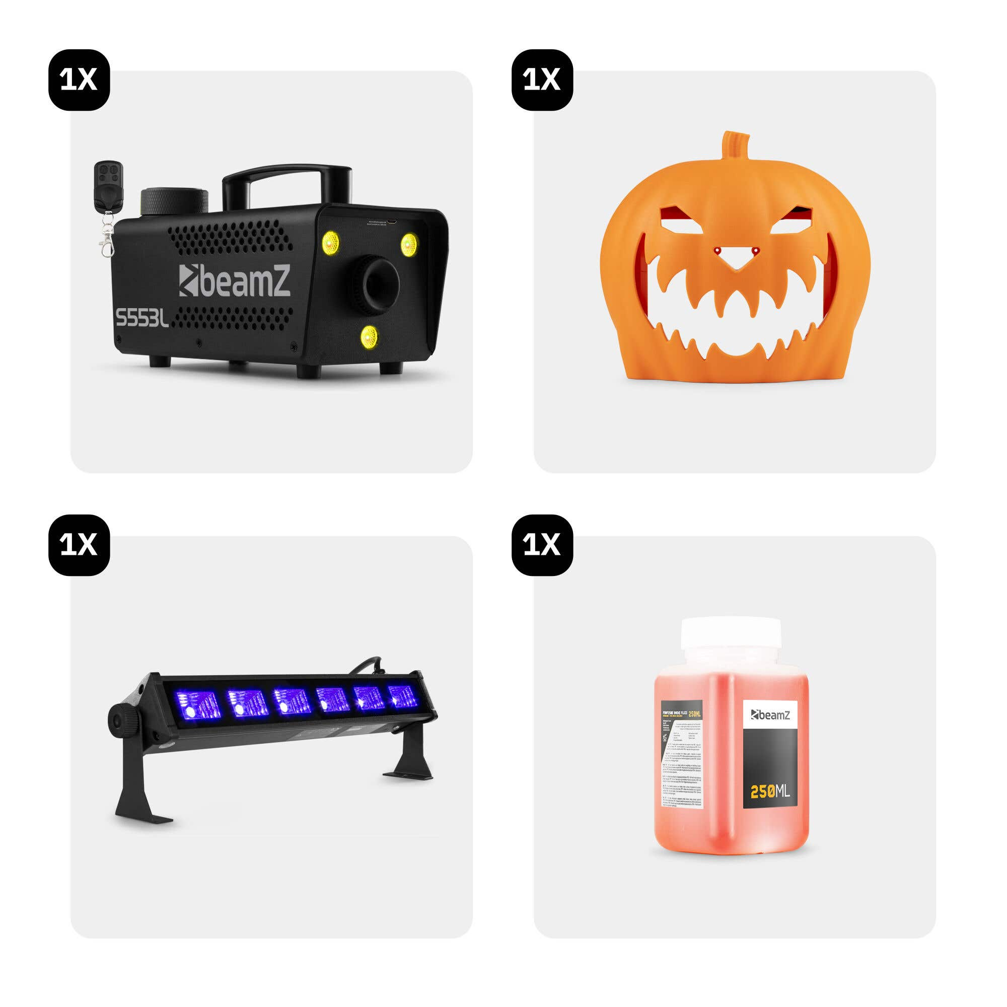 La imagen muestra una máquina de niebla negra, una calabaza naranja, una barra de luz UV y una botella de líquido de niebla.