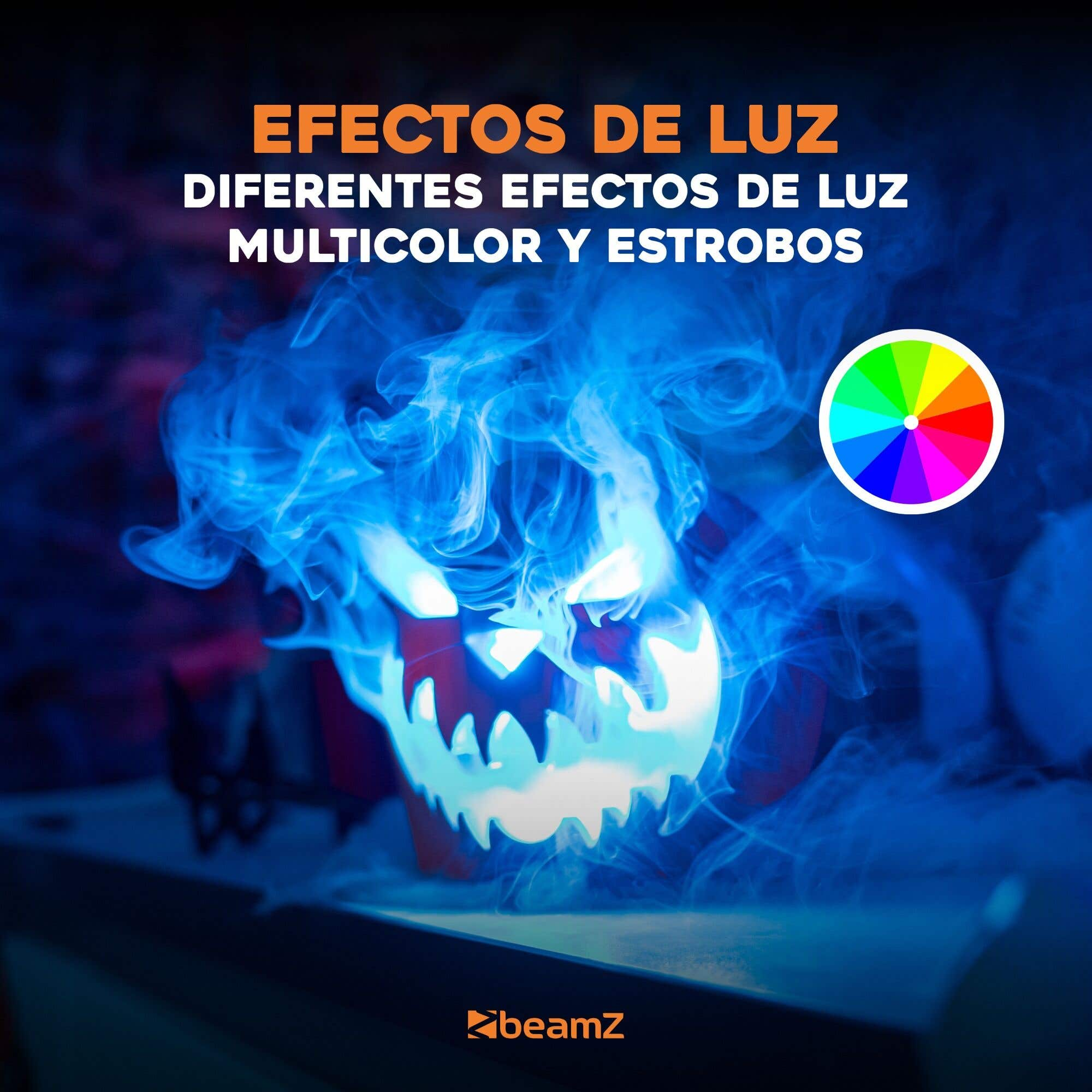 Una calabaza brillante con humo, rueda de color y texto: 'EFECTOS DE LUZ' y 'MULTICOLOR Y ESTROBOS'.