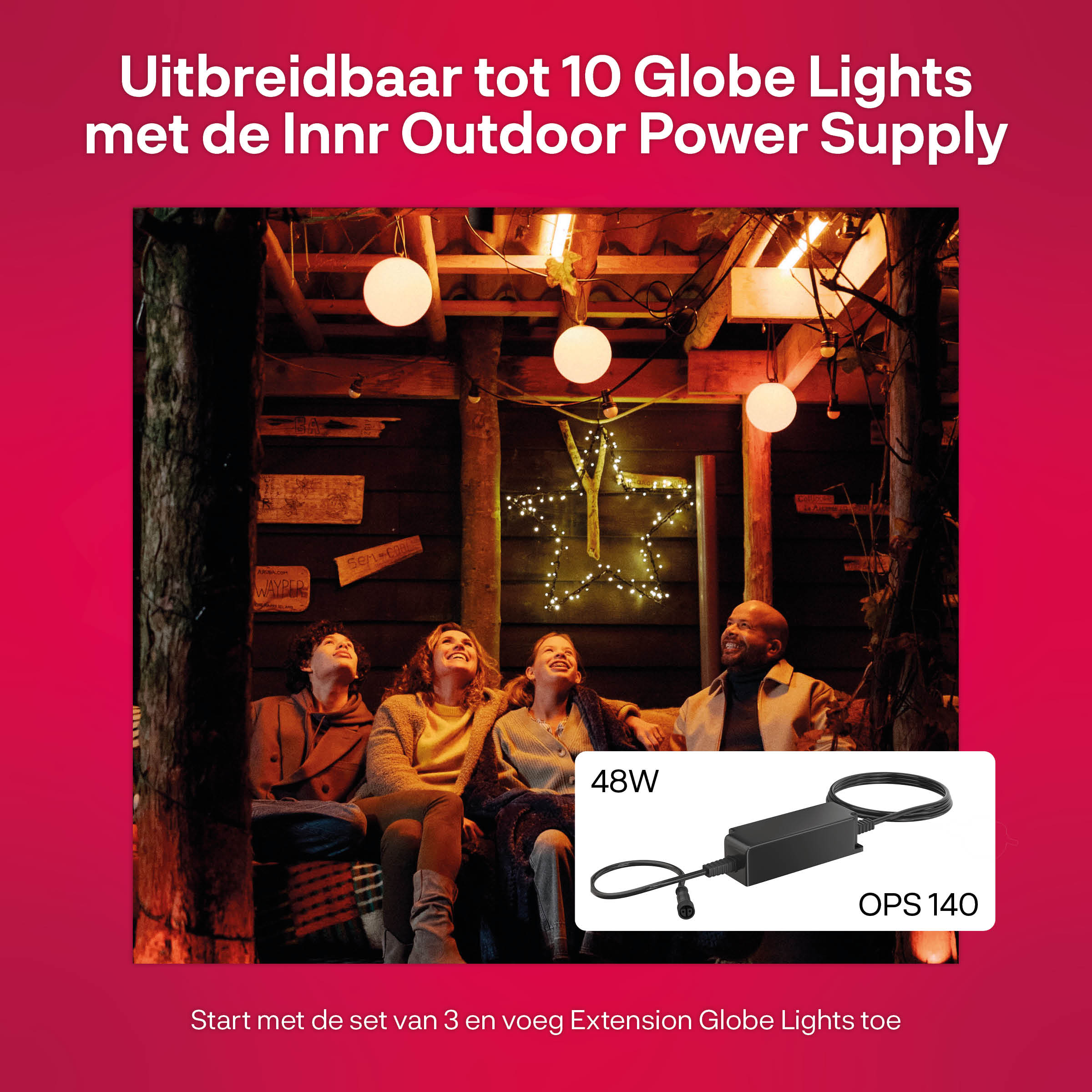 People looking up at globe lights hanging. A power supply is in the corner. Text overlay: Globe Lights.