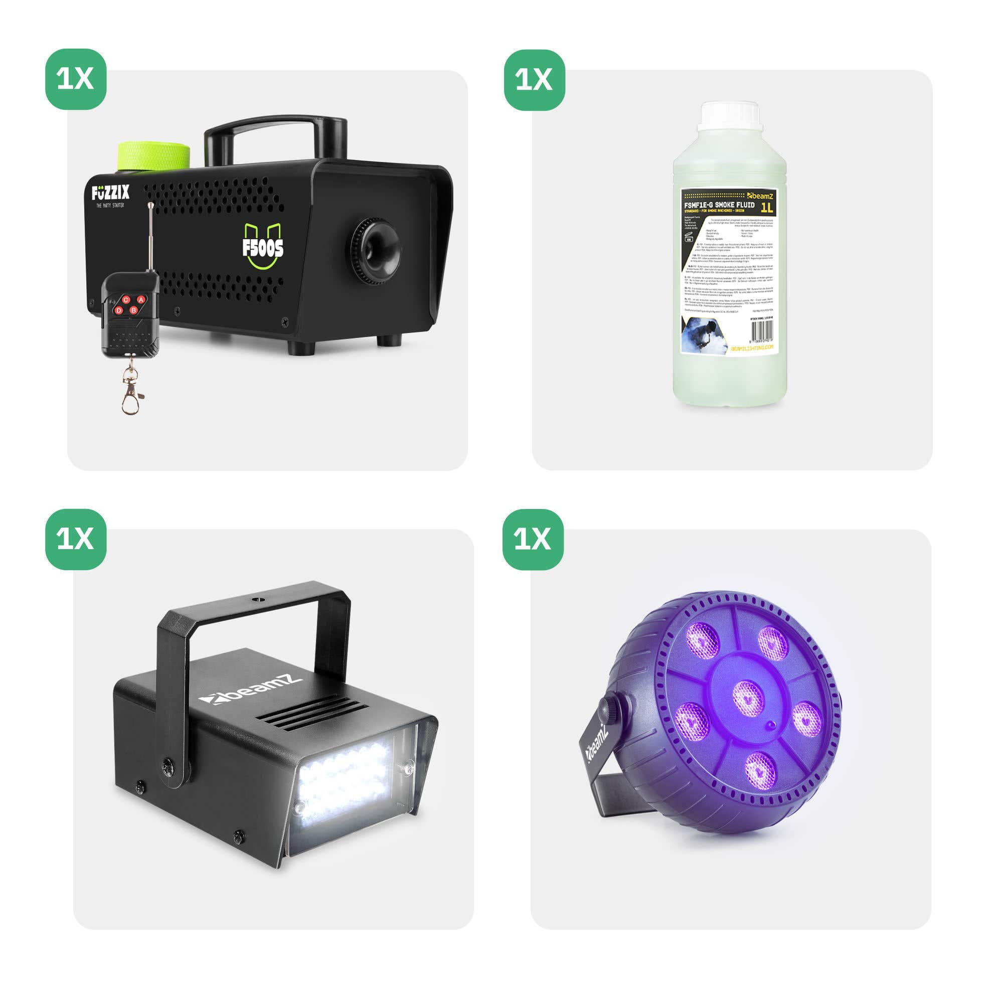 La imagen muestra una máquina de humo Fuzzix negra, una botella de líquido de humo, un par LED negro y un par LED morado.