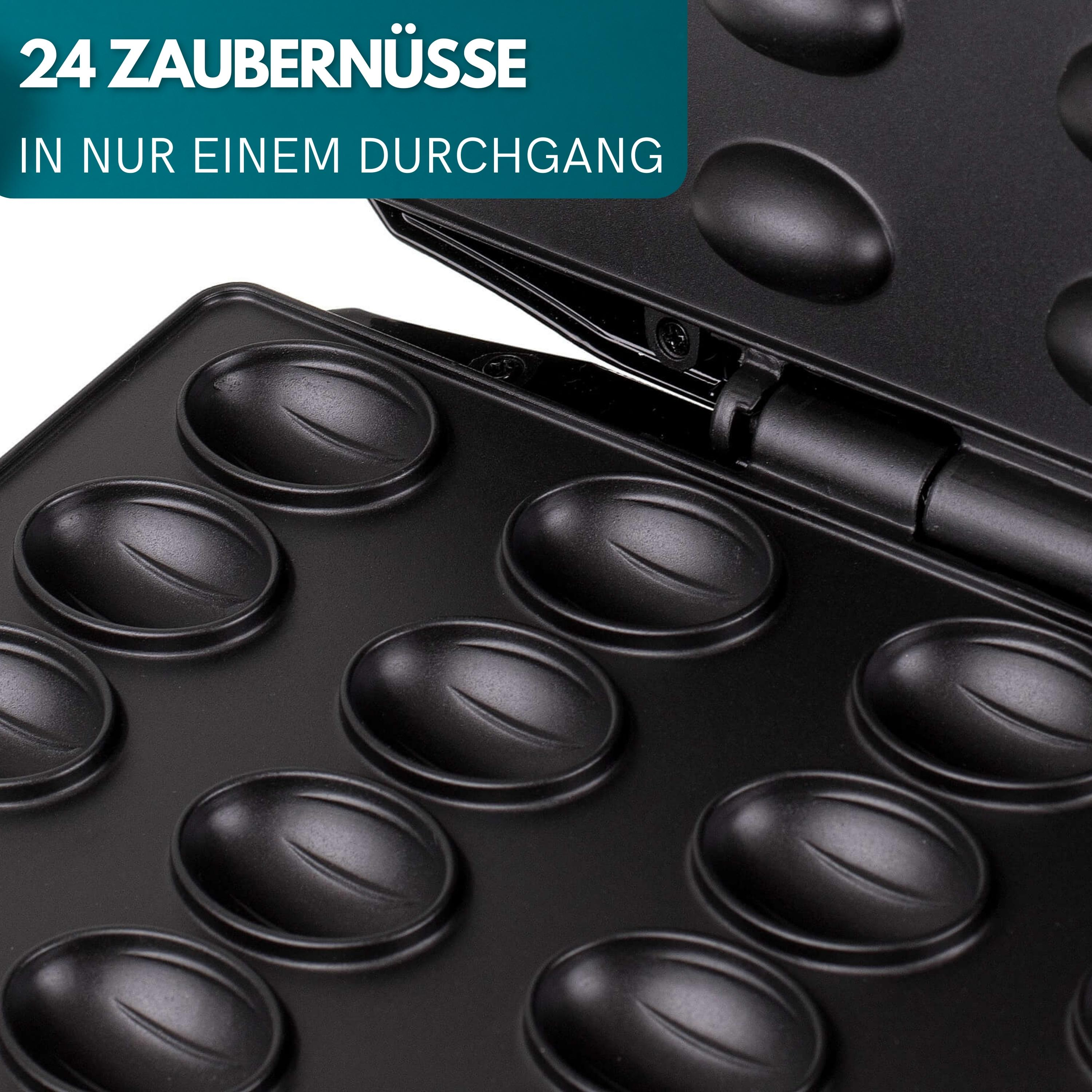 Czarna gofrownica z owalnymi formami. Tekst u góry: 24 ZABERNNÜSSE, u dołu: IN NUR EINEM DURCHGANG.