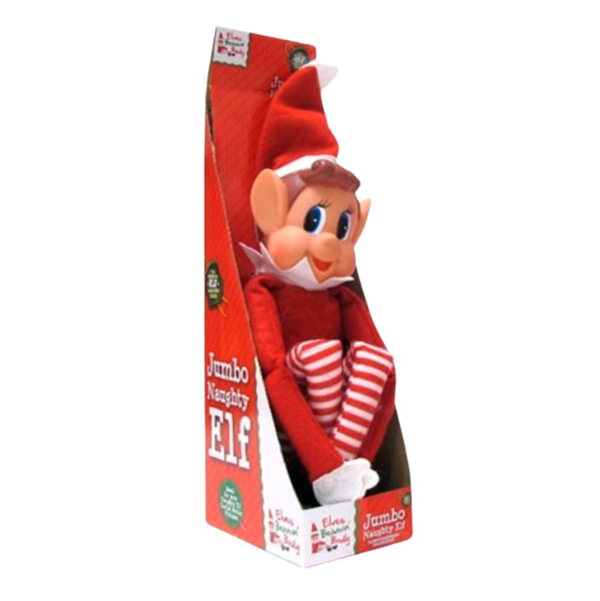 Un muñeco de duende Jumbo Naughty en un atuendo a rayas rojas y blancas está dentro de una caja roja con texto.
