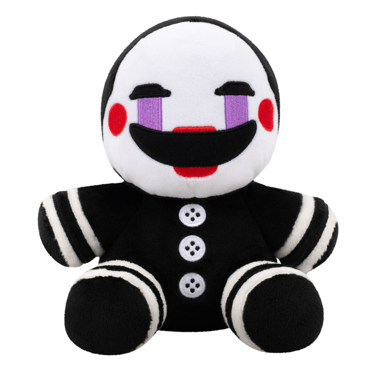 Un peluche del personaje The Puppet. Tiene una cara blanca, cuerpo negro y mejillas rojas. Los ojos son morados y la boca es una sonrisa negra.