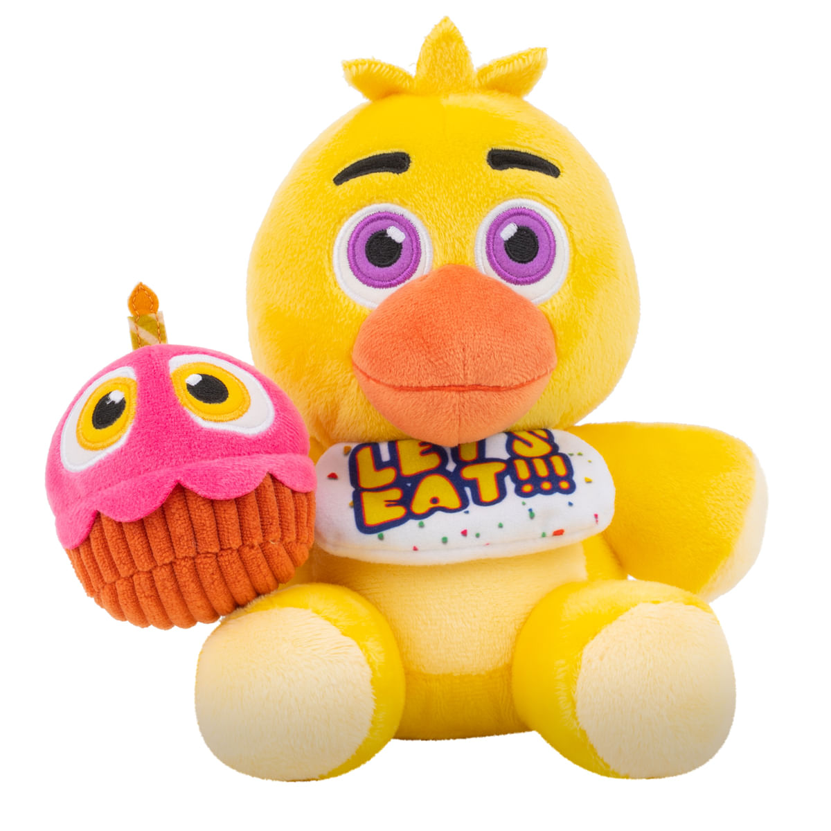 Un peluche amarillo de un pollo sosteniendo una magdalena rosa. Tiene ojos morados, pico naranja y un babero que dice 'LET'S EAT!!!'