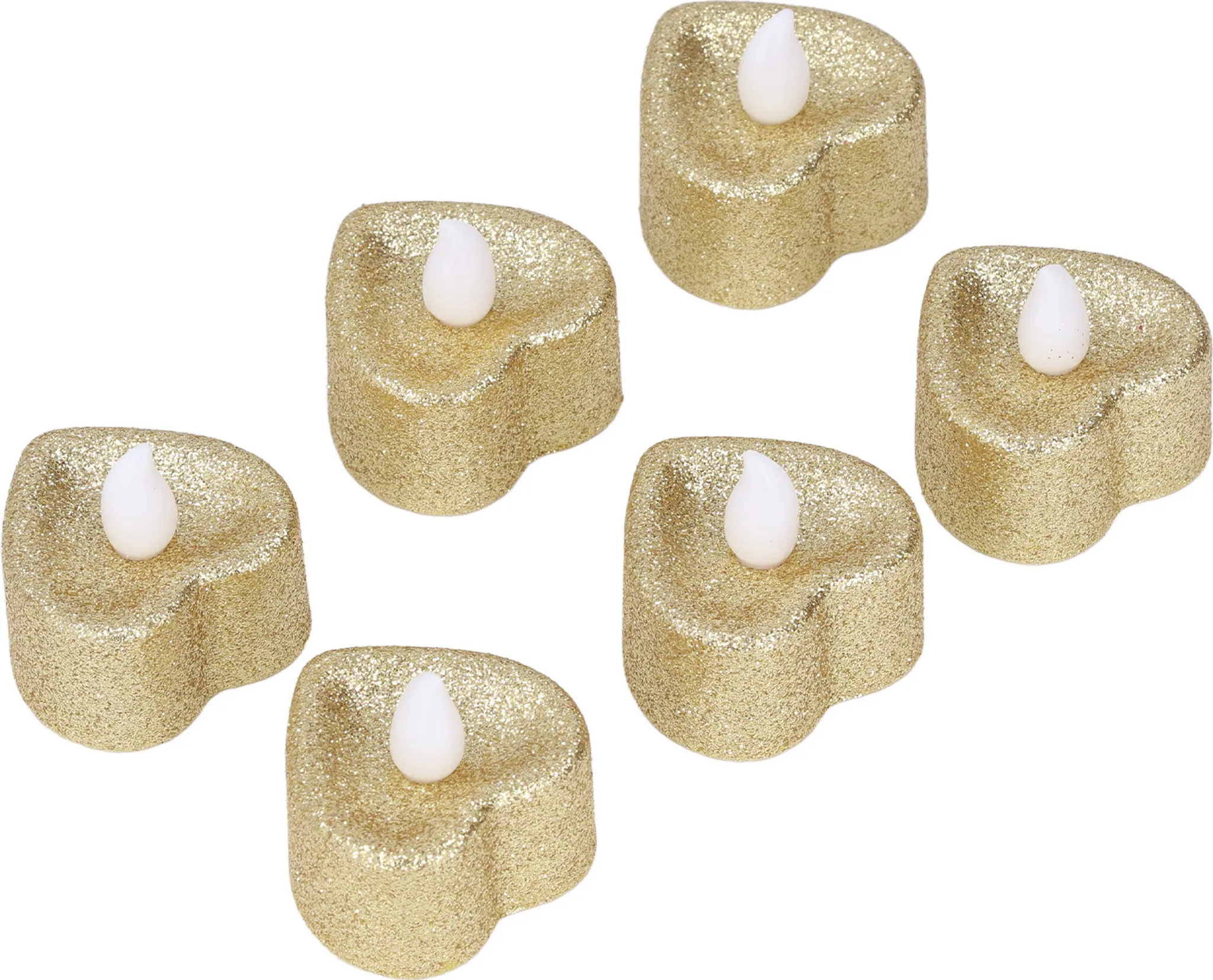Sechs herzförmige, goldglitzernde Kerzen mit weißen, flammenartigen Lichtern. Diagonal auf weißem Hintergrund angeordnet.
