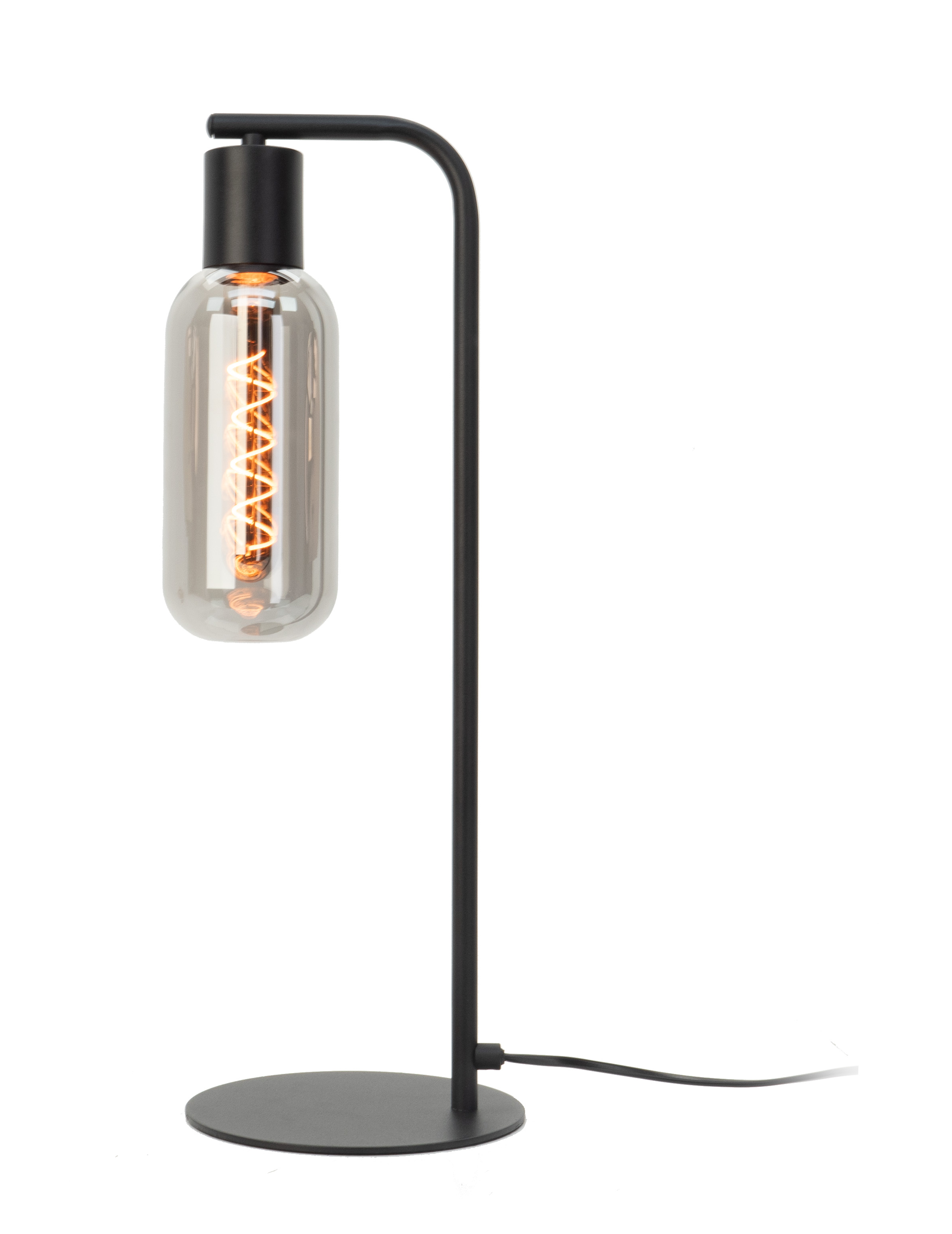 Una lampada nera moderna con una lampadina trasparente e allungata. La lampadina contiene un filamento a spirale.