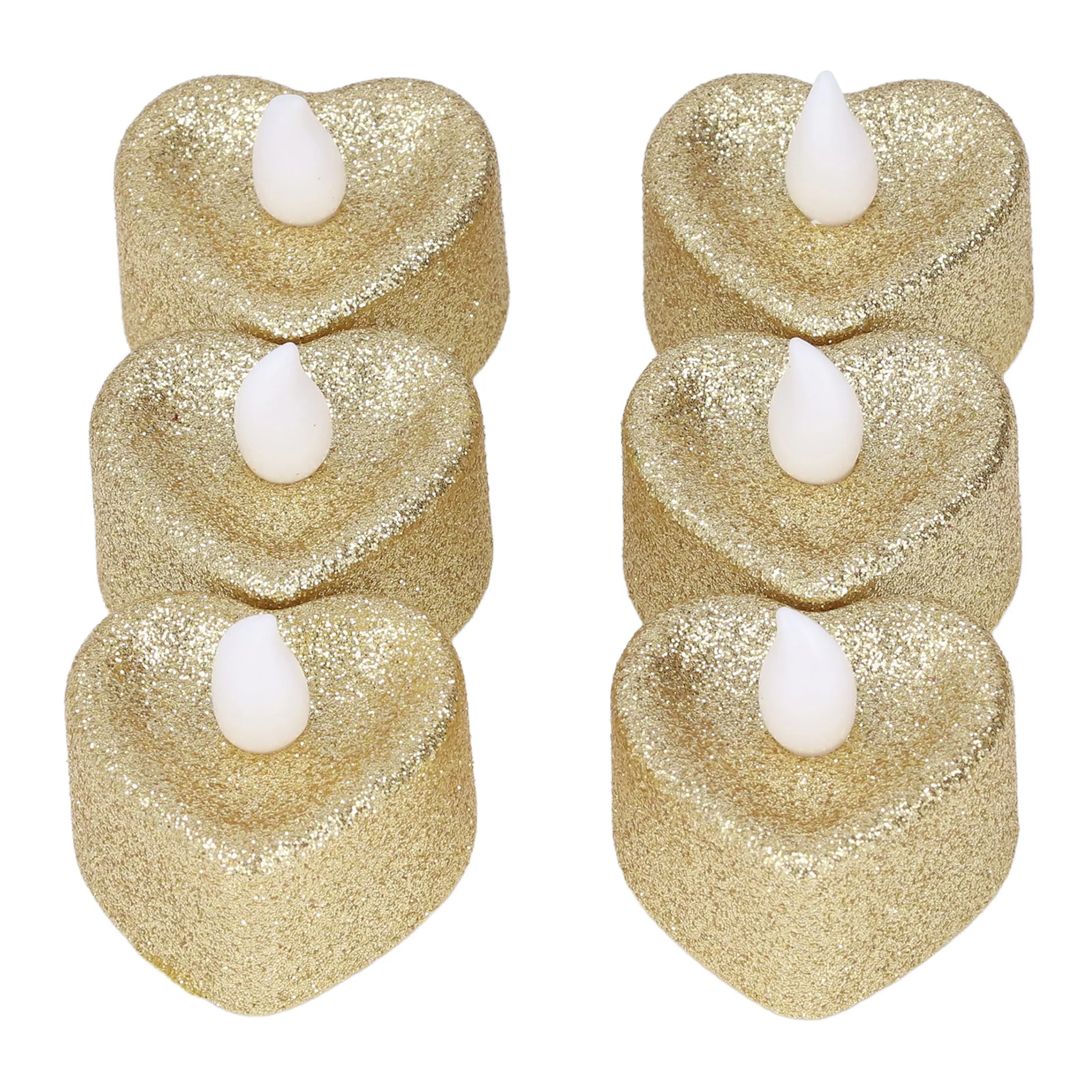 Sechs herzförmige, goldglitzernde Kerzen mit weißen, tropfenförmigen Lichtern auf weißem Hintergrund.