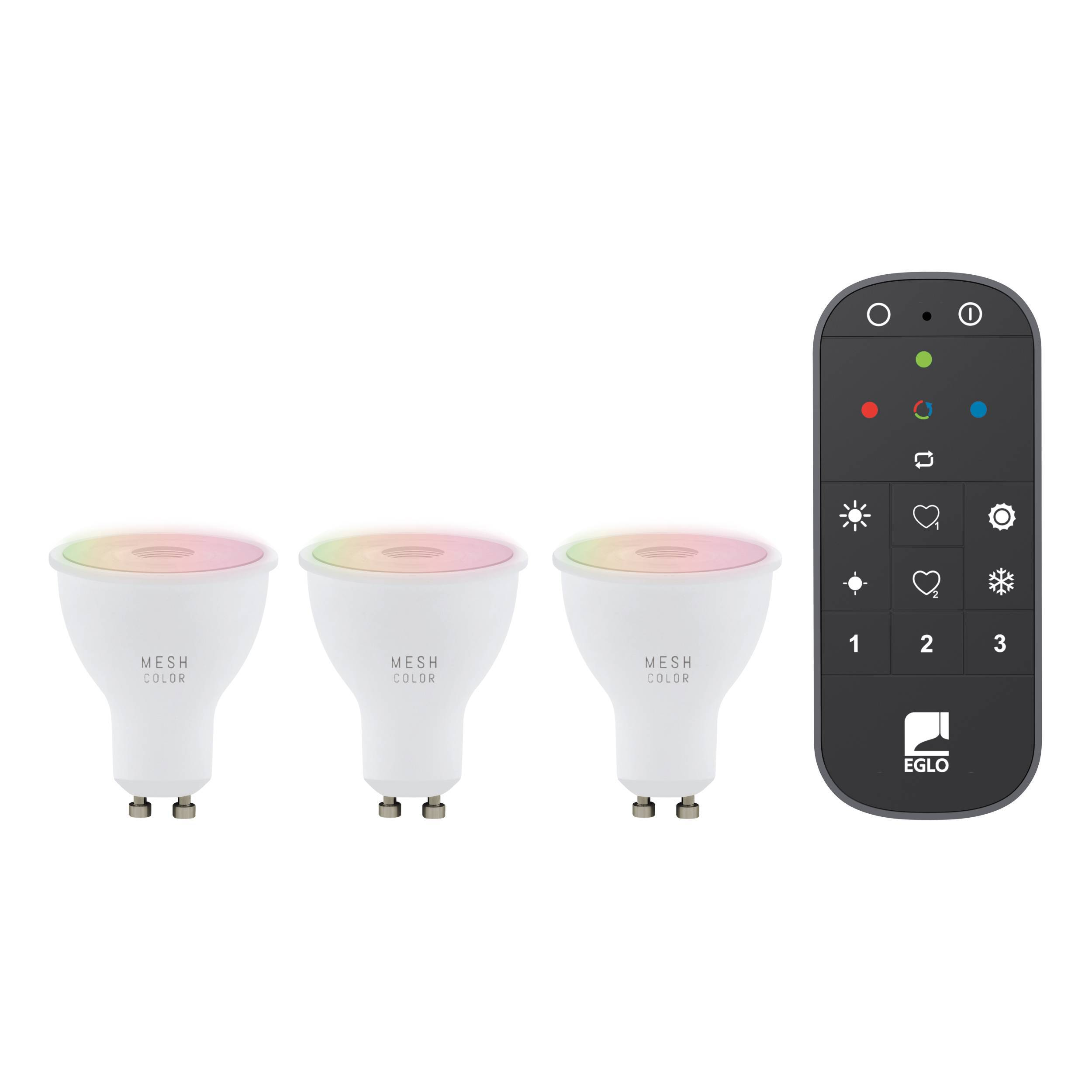 Tre lampadine bianche con luce colorata e un telecomando nero con pulsanti e il logo EGLO.