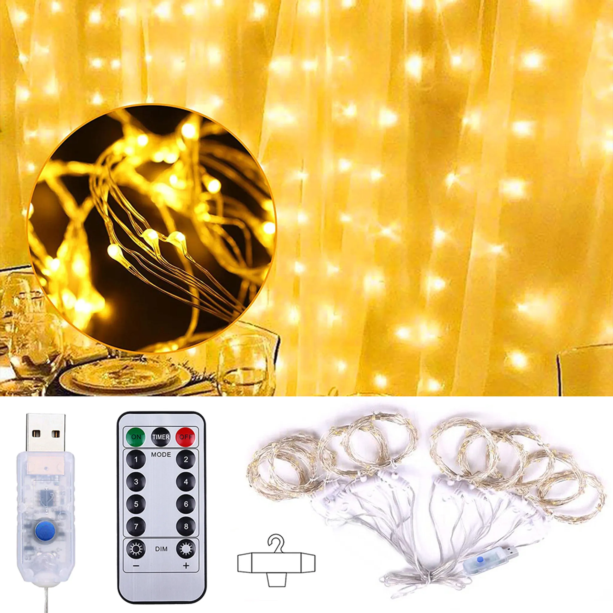 Das Bild zeigt Lichterketten, Fernbedienung und USB-Anschluss. Nahaufnahme der Lichter in einem Kreis. Gelber Vorhang im Hintergrund.