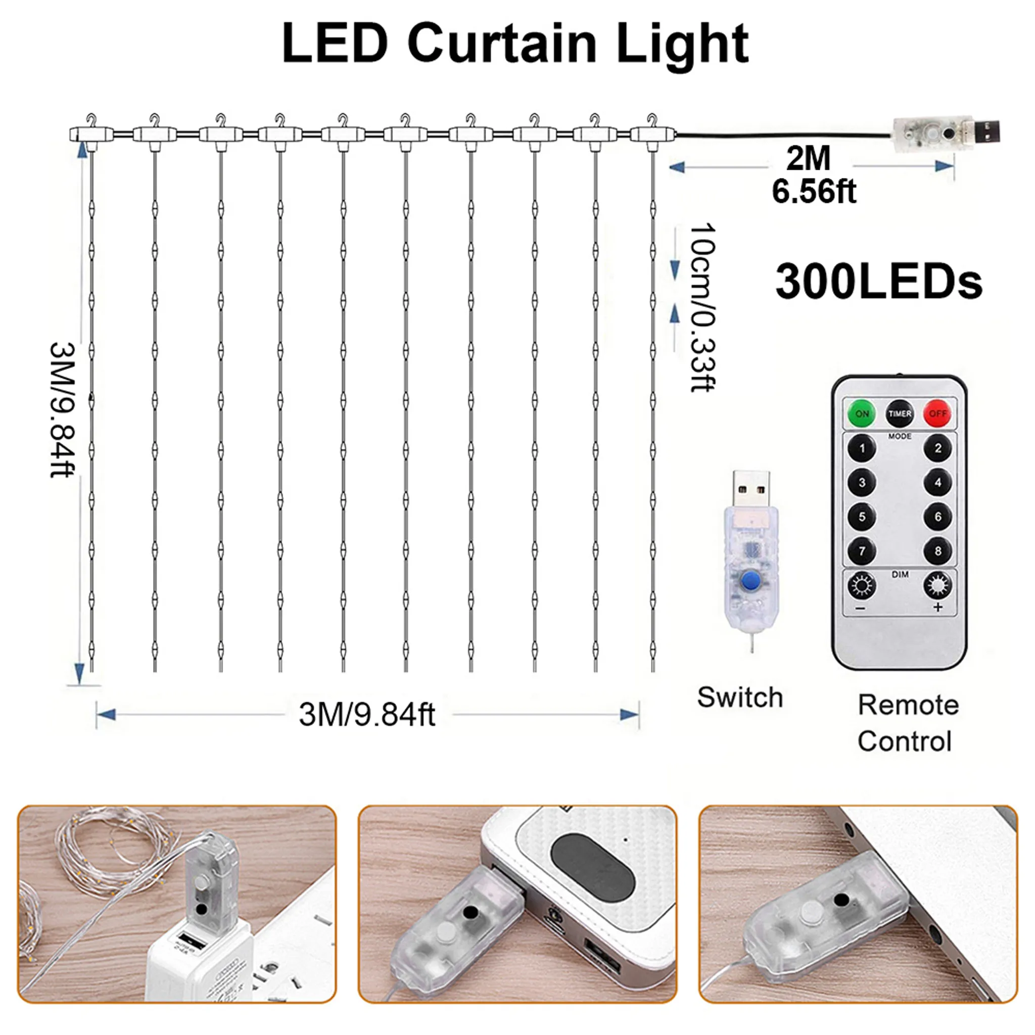 Diagramm der LED-Vorhanglichter, Abmessungen, Schalter, Fernbedienung und USB-Stromversorgung. Nahaufnahmen der USB-Anschlüsse.