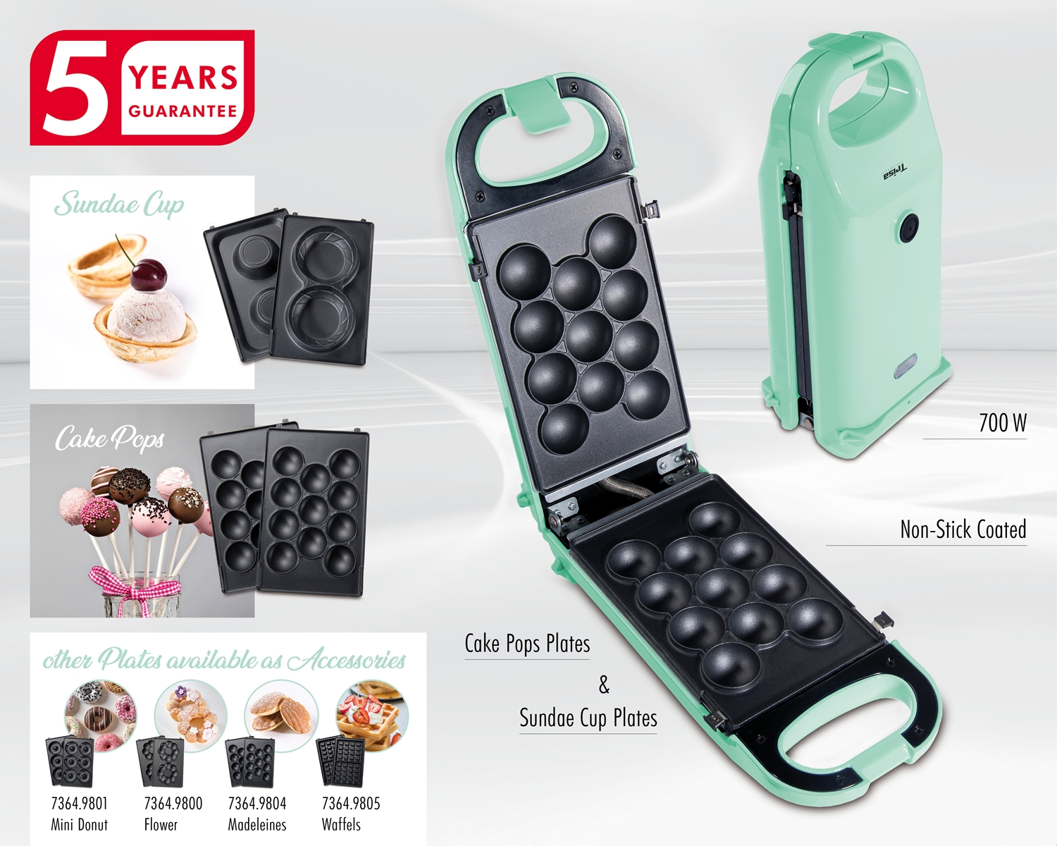 Una macchina per cake pop verde aperta. Mostra le piastre di cottura e un'immagine di cake pop e coppette gelato.