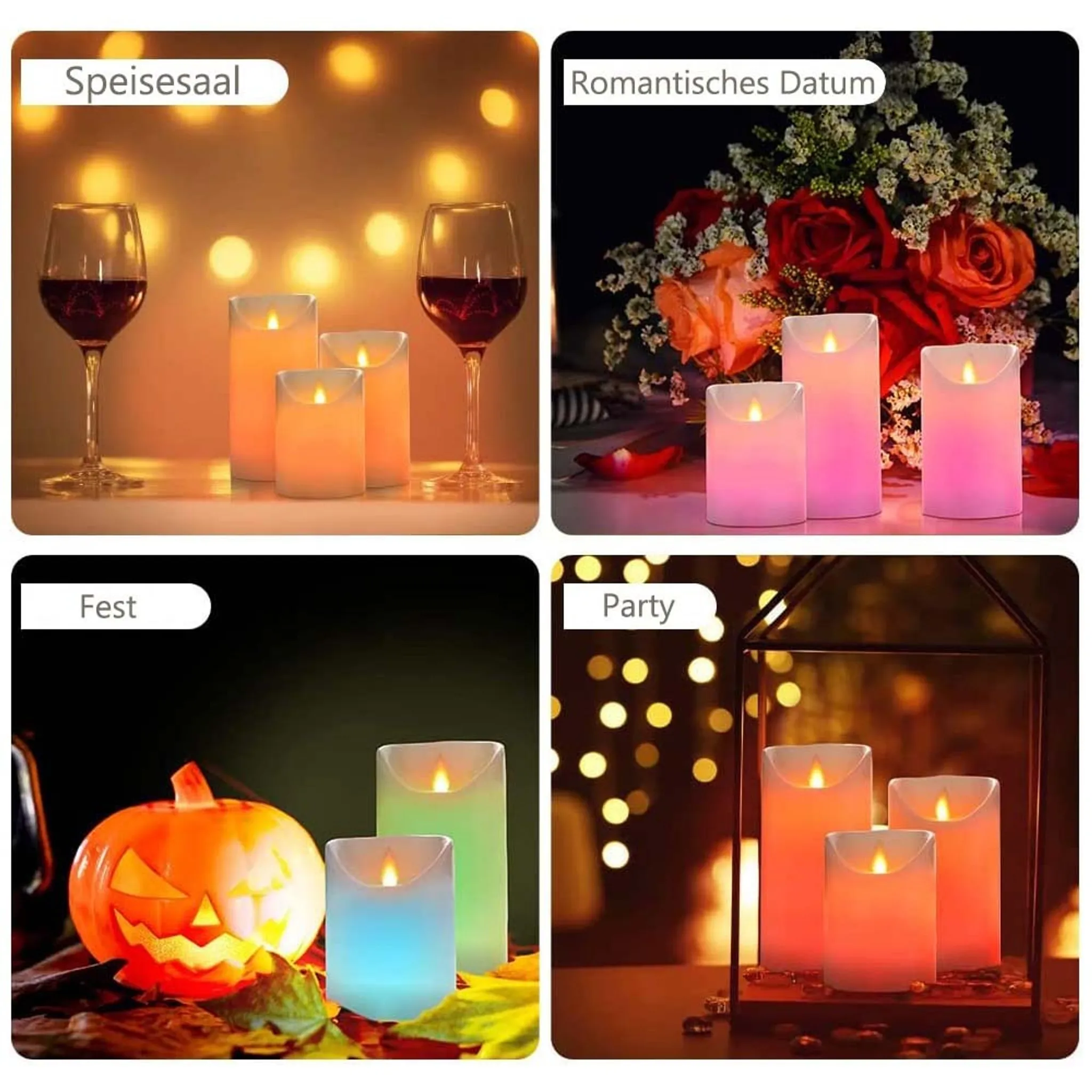 Vier Bilder mit Kerzen, Weingläsern, Blumen und einem Kürbis. Themen sind Essen, Romantik, Party und ein Feiertag.