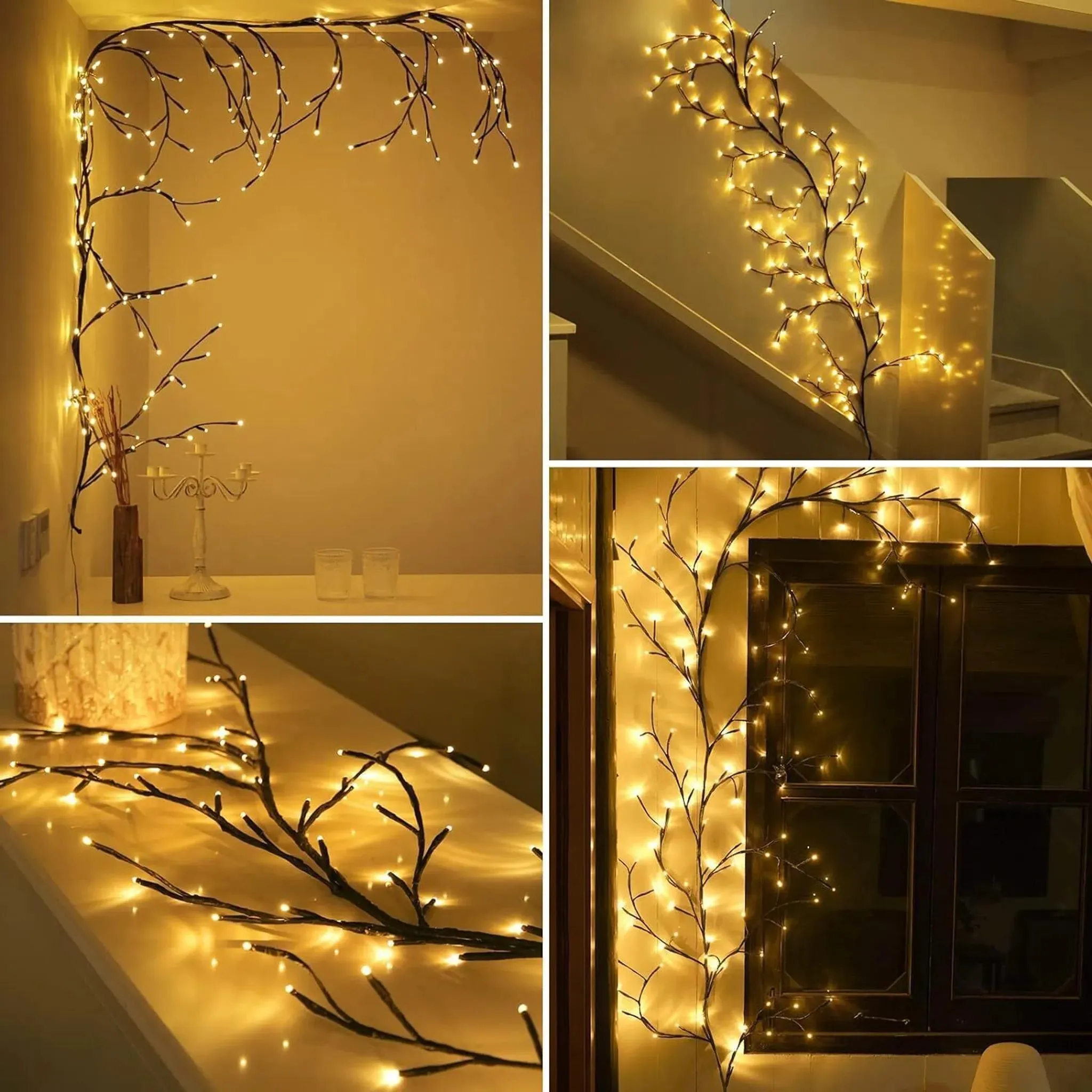 Dekorative Lichterketten in Form von Ästen. Die Lichter sind warmweiß und werden an Wänden und Treppen drapiert.
