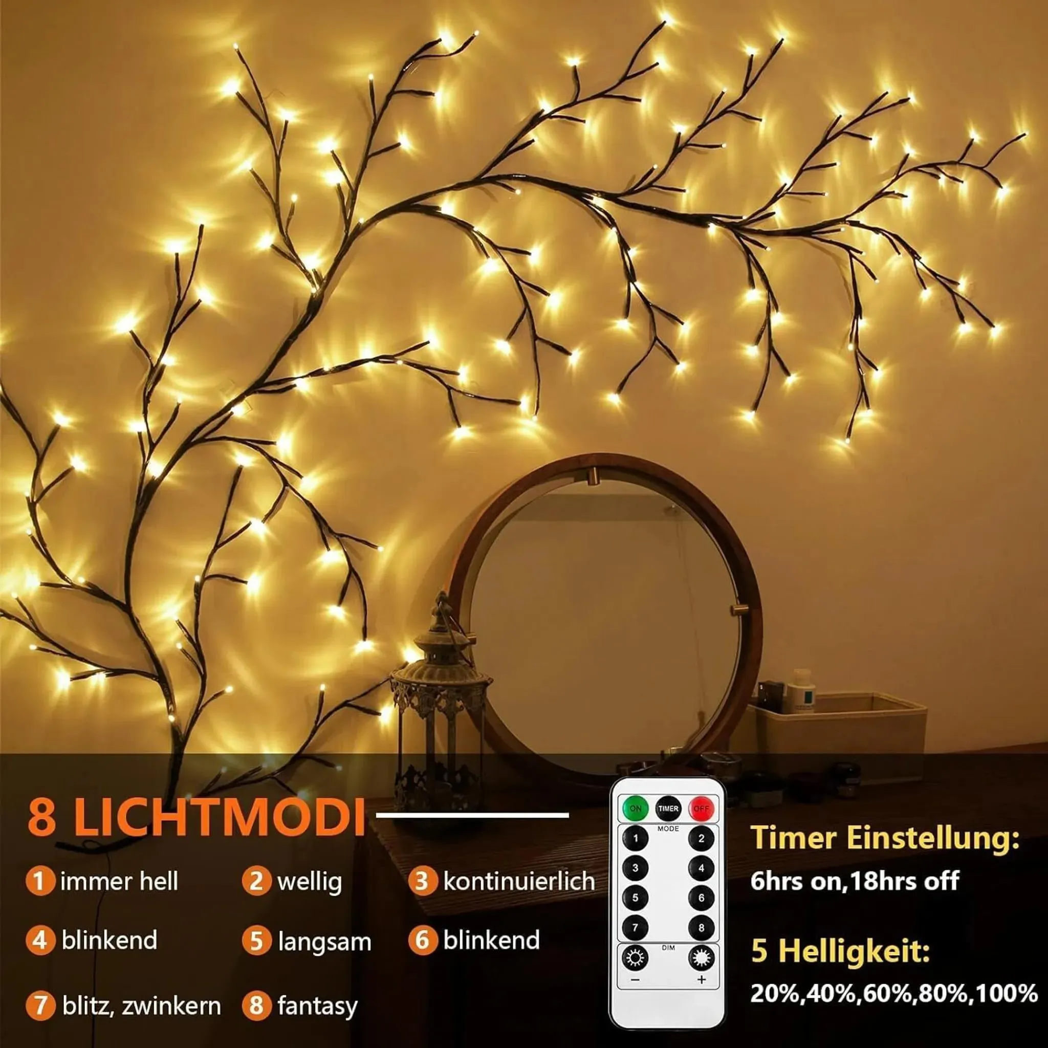 Eine Wand mit astförmigen Lichtern, einem Spiegel, einer Fernbedienung und Text zu Lichtmodi und Helligkeit.