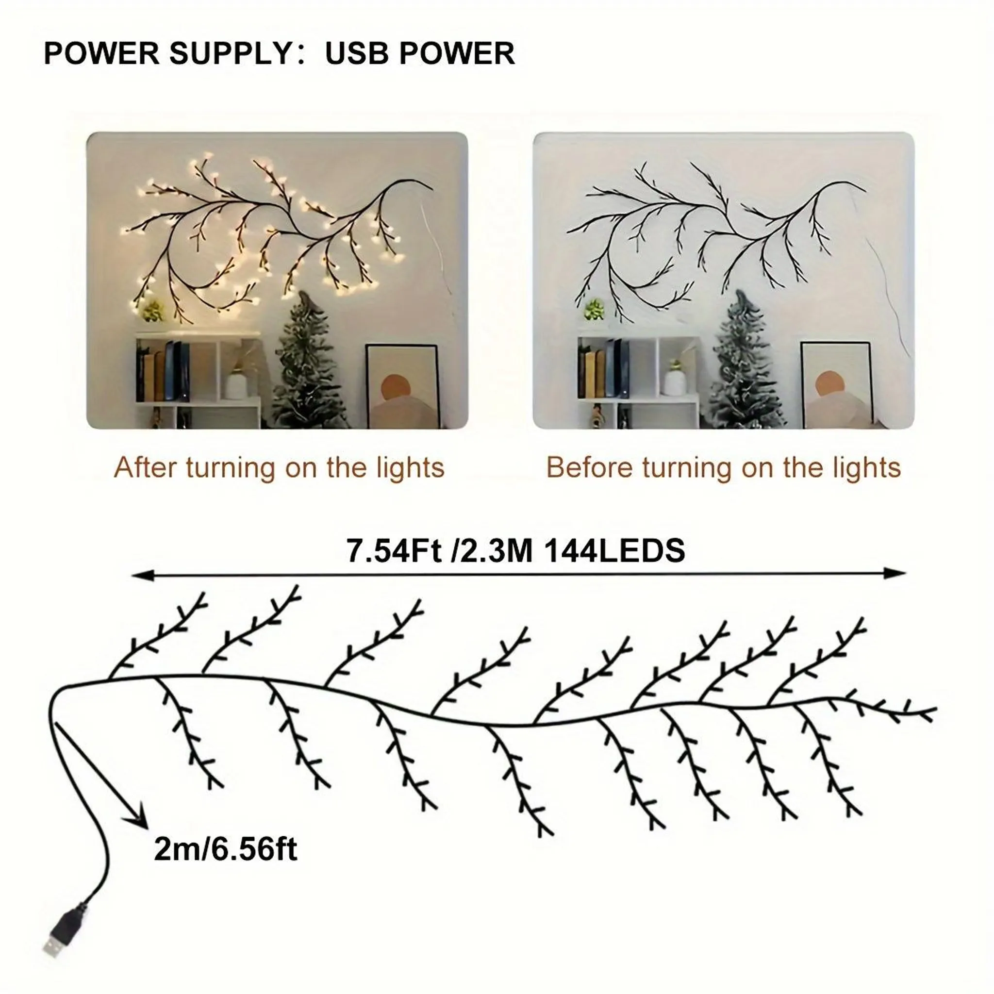 Das Bild zeigt dekorative Lichter. Links sind die beleuchteten Lichter zu sehen, rechts die unbeleuchteten. Auch ein Diagramm der Lichter ist abgebildet.