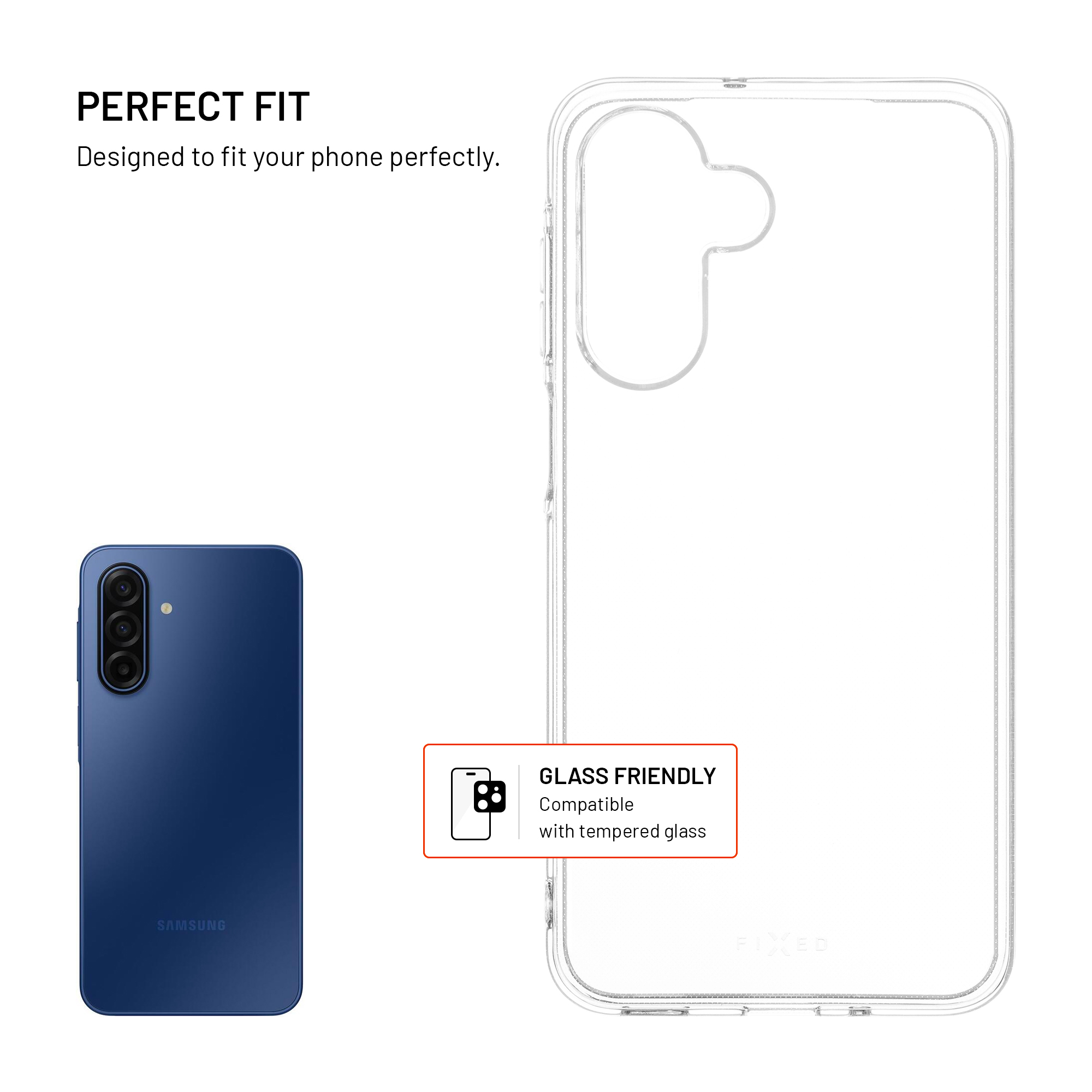 Das Bild zeigt ein blaues Telefon neben einer durchsichtigen Handyhülle. Der Text lautet 'Perfect Fit' und 'Glass Friendly'.