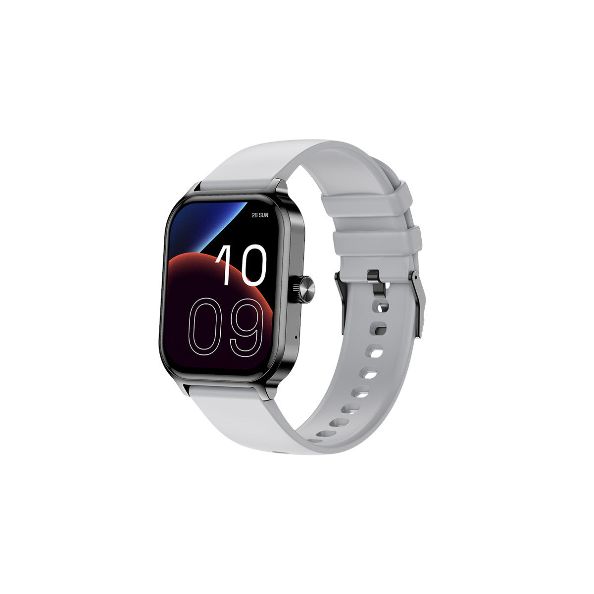 Uno smartwatch con cinturino bianco mostra le 10:09 sullo schermo. L'orologio ha una cornice nera e un pulsante argentato.