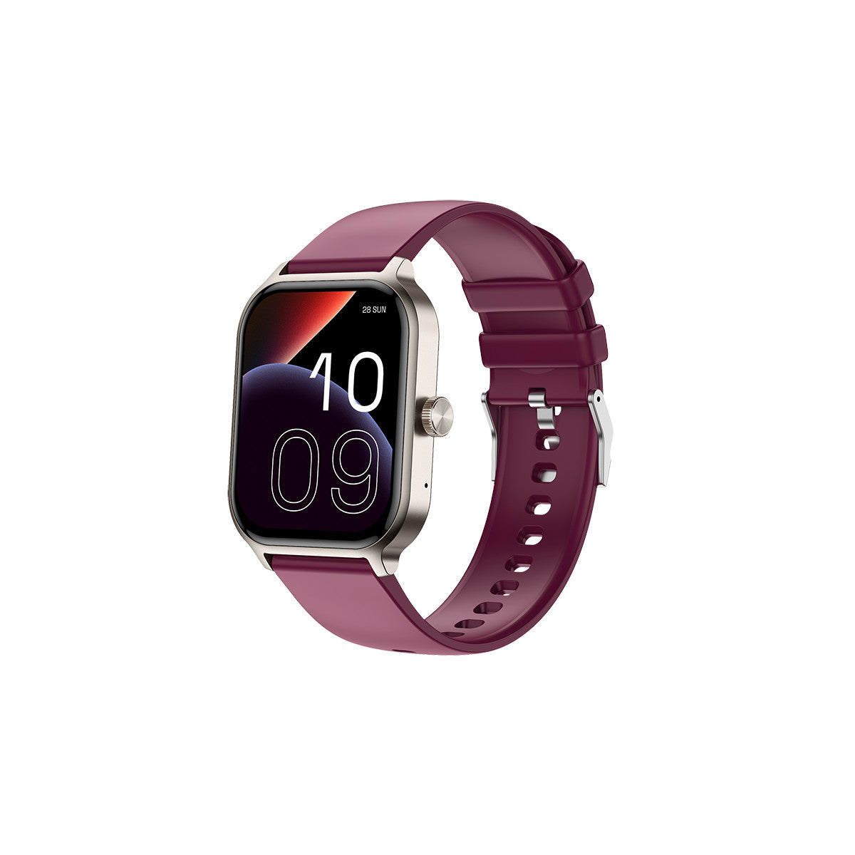 Uno smartwatch con cinturino bordeaux e cassa argentata. Lo schermo mostra l'ora, 10:09. Lo sfondo è bianco.