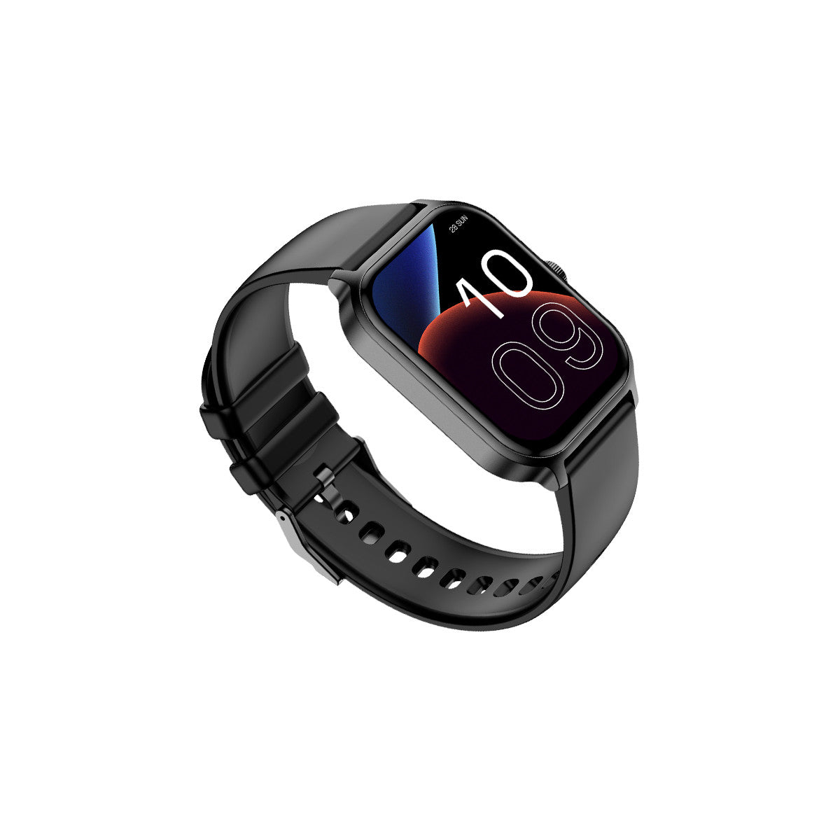 Uno smartwatch nero su una superficie bianca. L'orologio mostra l'ora 10:09. Il cinturino è nero e in gomma.