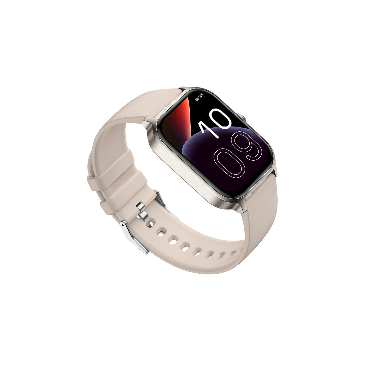 Uno smartwatch beige con cornice argentata mostra l'ora 10:09. Il cinturino è beige. Lo sfondo è bianco.