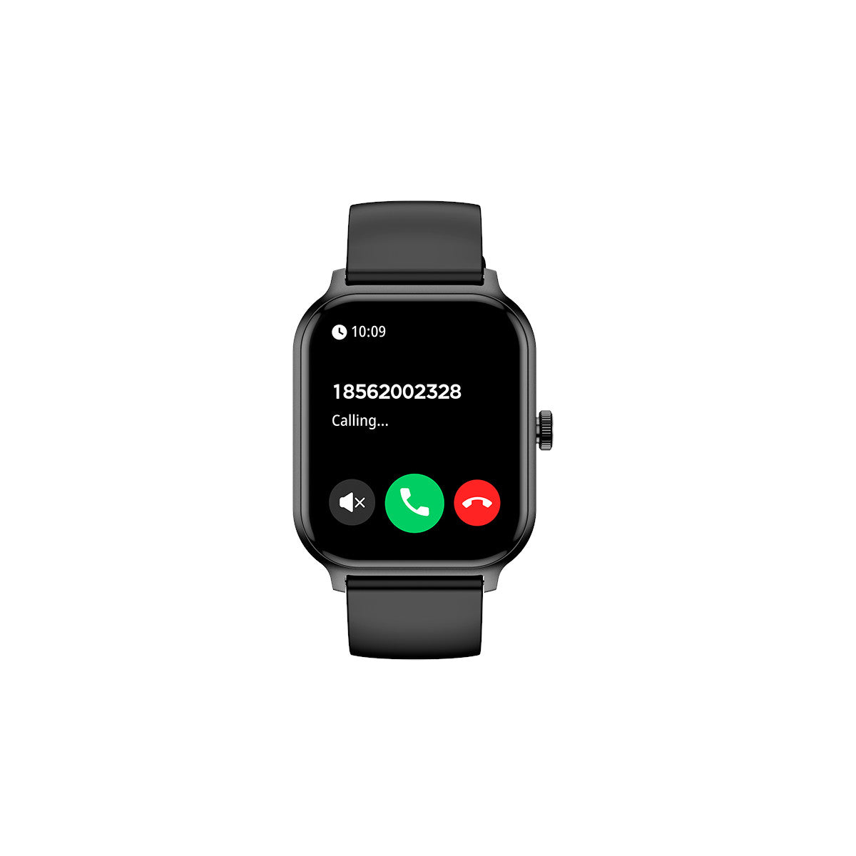 Uno smartwatch nero mostra una chiamata in arrivo da un numero di telefono. Lo schermo mostra i controlli delle chiamate.