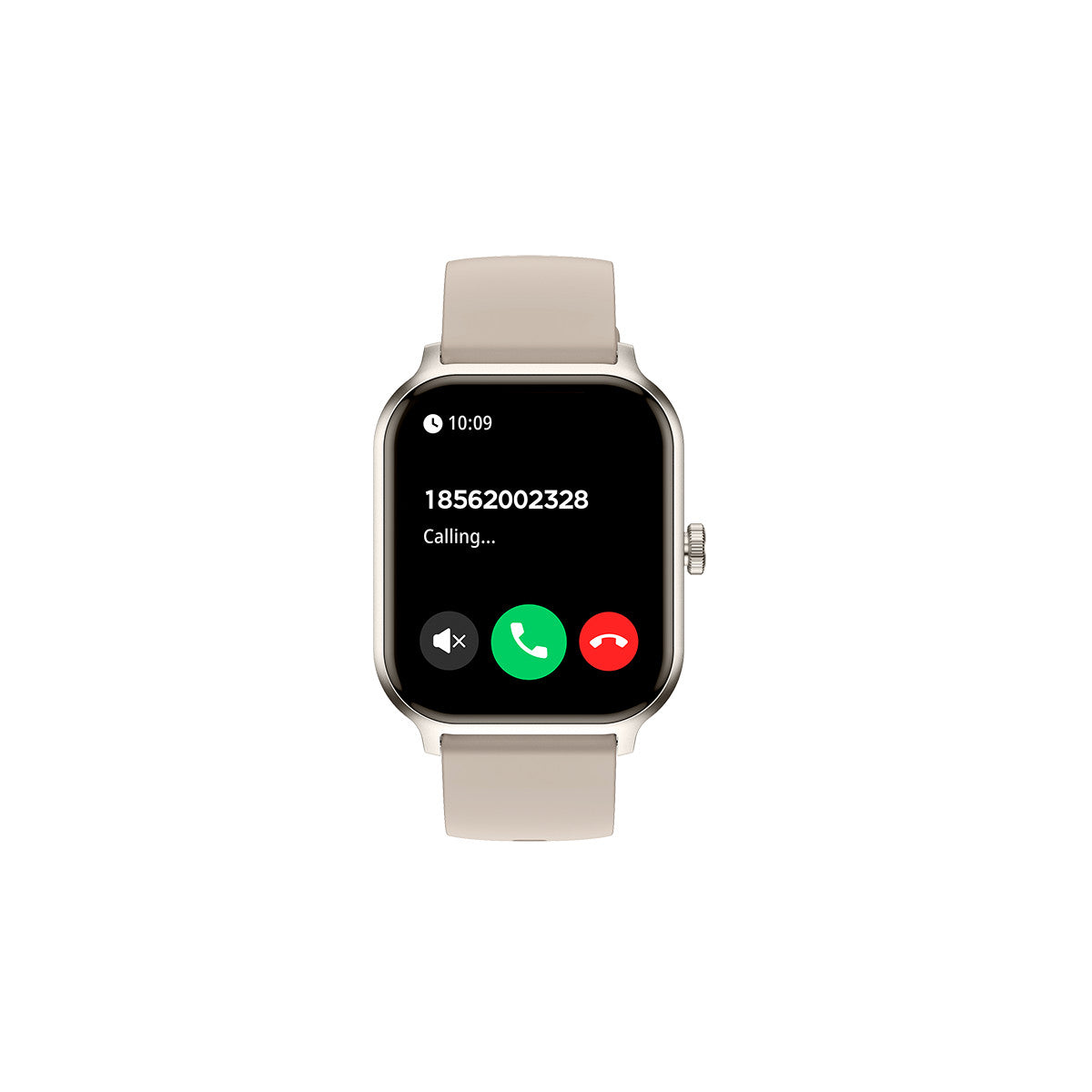 Smartwatch con schermata di chiamata che mostra un numero di telefono e lo stato della chiamata. Ha cinturini beige e cassa argentata.