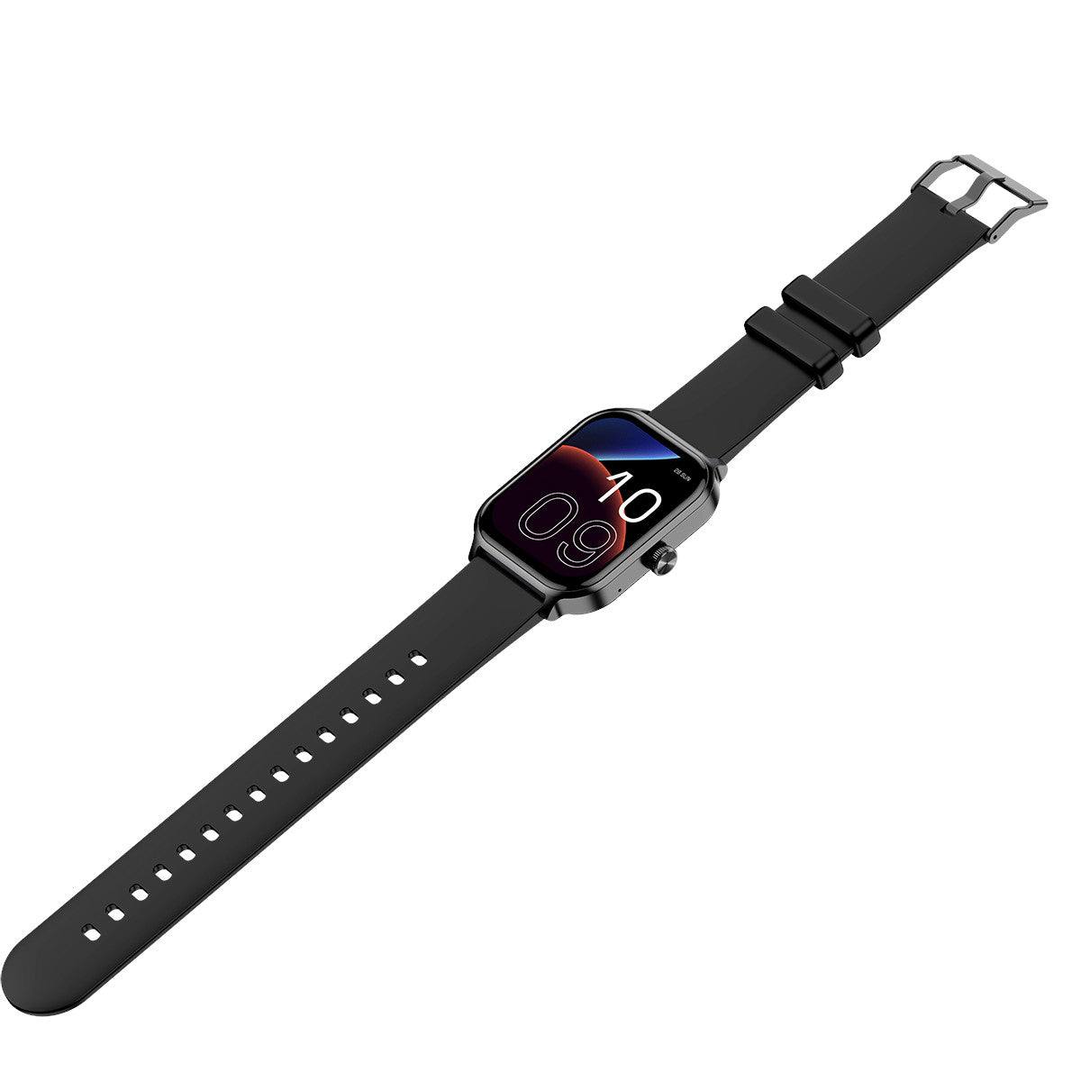 Uno smartwatch nero è mostrato in diagonale. Lo schermo mostra l'ora 10:09. Il cinturino ha diversi fori.