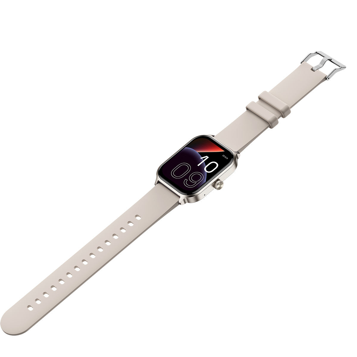 Uno smartwatch con cinturino beige mostra l'ora 10:09 su uno schermo nero. L'orologio è inclinato su sfondo bianco.
