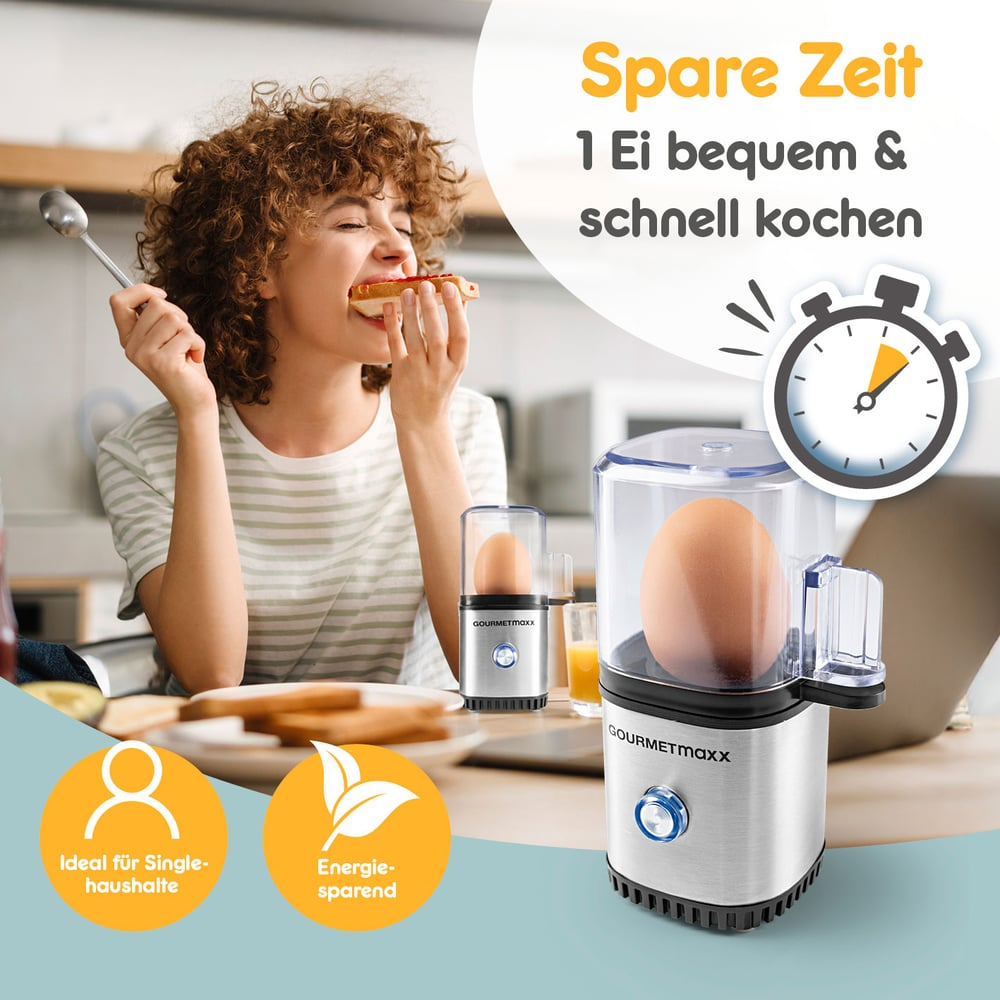 Kobieta je tosty; pokazano urządzenie do gotowania jajek z jajkiem w środku. Tekst mówi 'Oszczędź czas' i 'ugotuj jajko'.