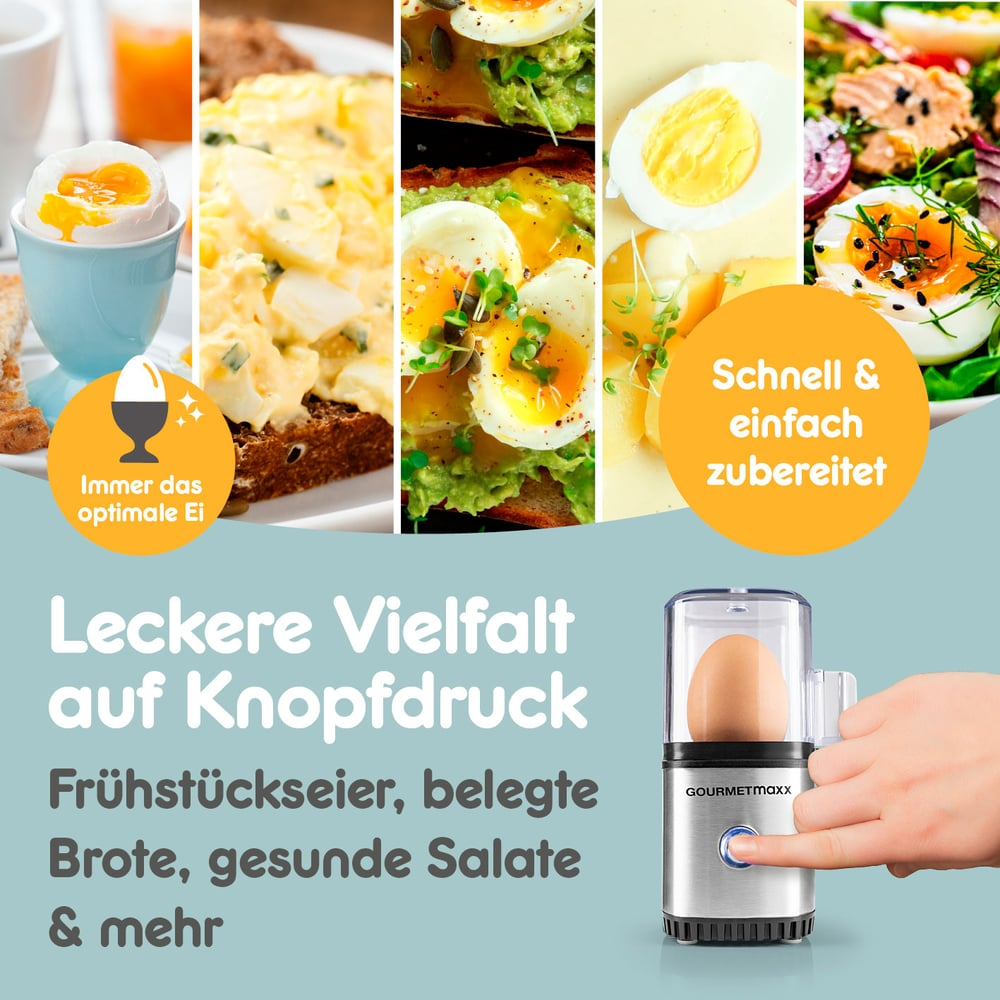 Kolaż dań z jaj i urządzenia do gotowania jajek. Tekst głosi 'Pyszna różnorodność za naciśnięciem jednego przycisku'. Ręka naciska przycisk.