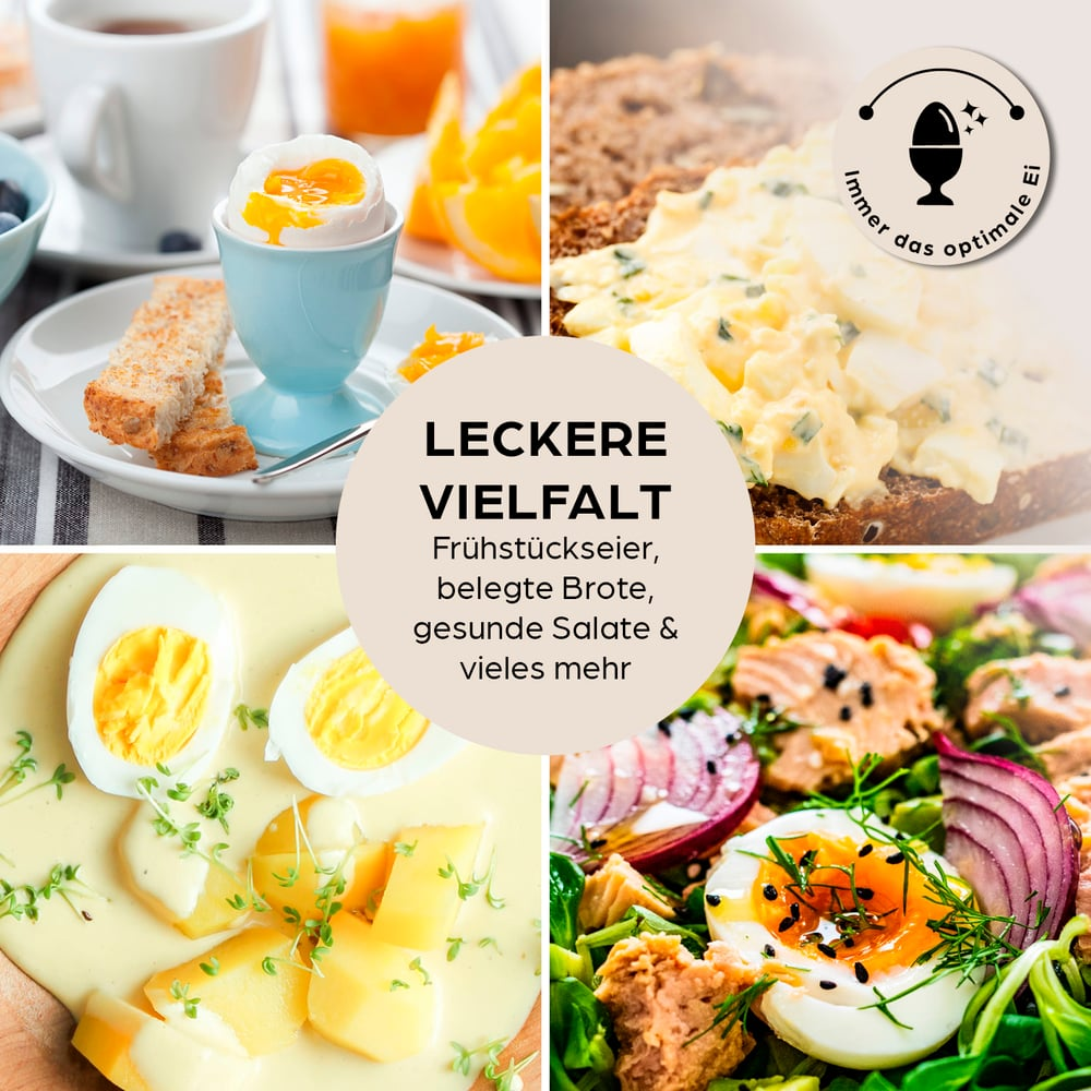 Eine Collage von Frühstücksartikeln: Eier, Toast, Orangensaft und Brot mit Eiersalat. Text sagt 'Leckere Vielfalt'.