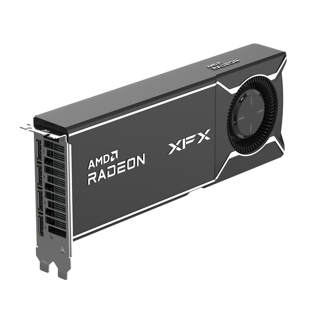 Una scheda grafica con marchio AMD Radeon e XFX. È grigio scuro con una ventola e più porte, su sfondo bianco.