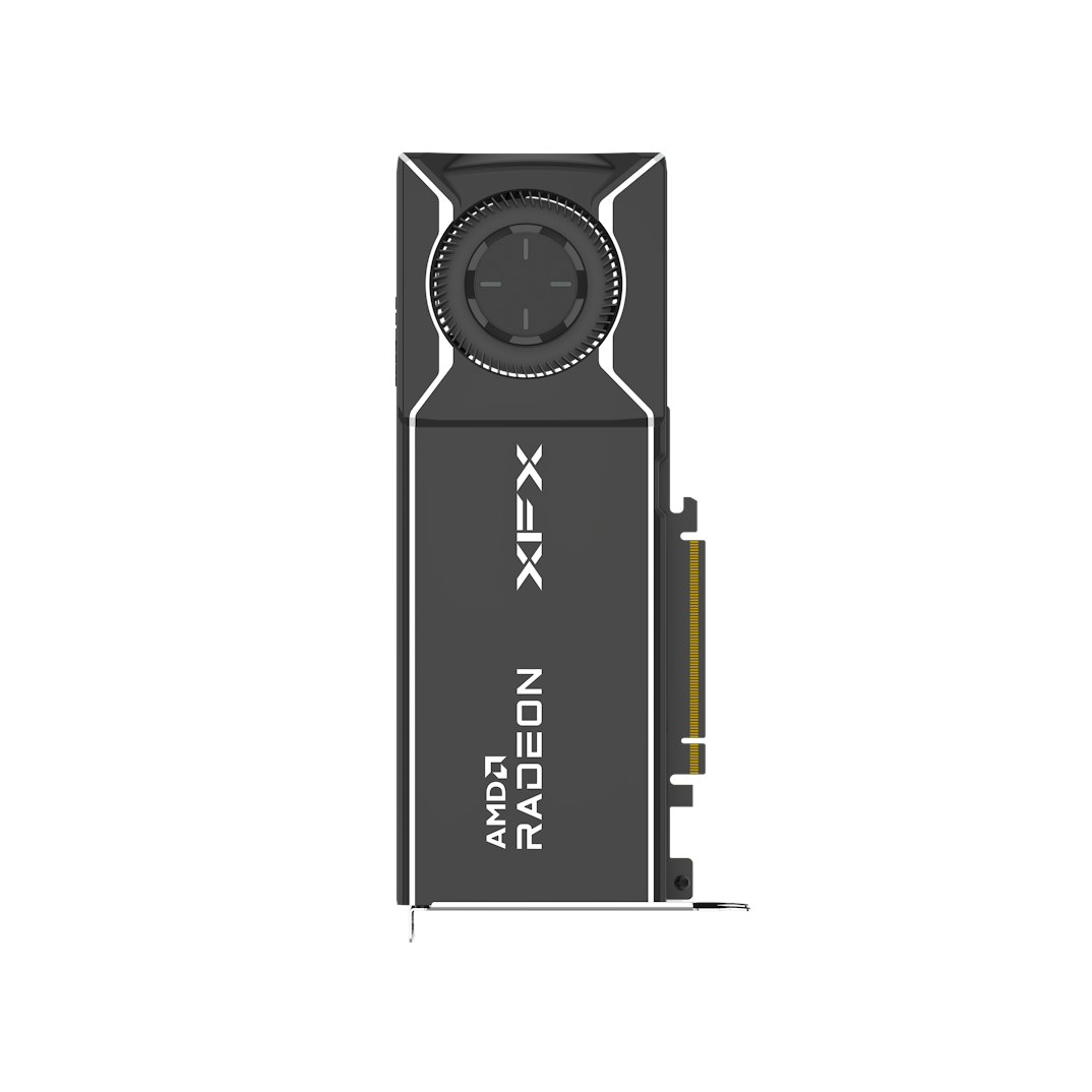 Una scheda grafica con i loghi AMD Radeon e XFX. È nera e grigia, con una ventola e un connettore.
