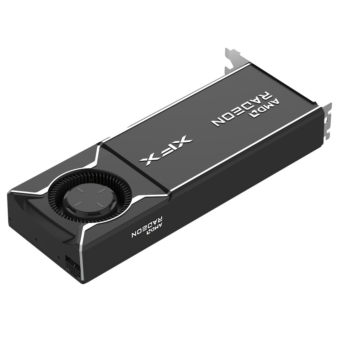 Una scheda grafica nera XFX AMD Radeon. Ha una ventola centrale, dettagli argentati e il logo AMD Radeon.