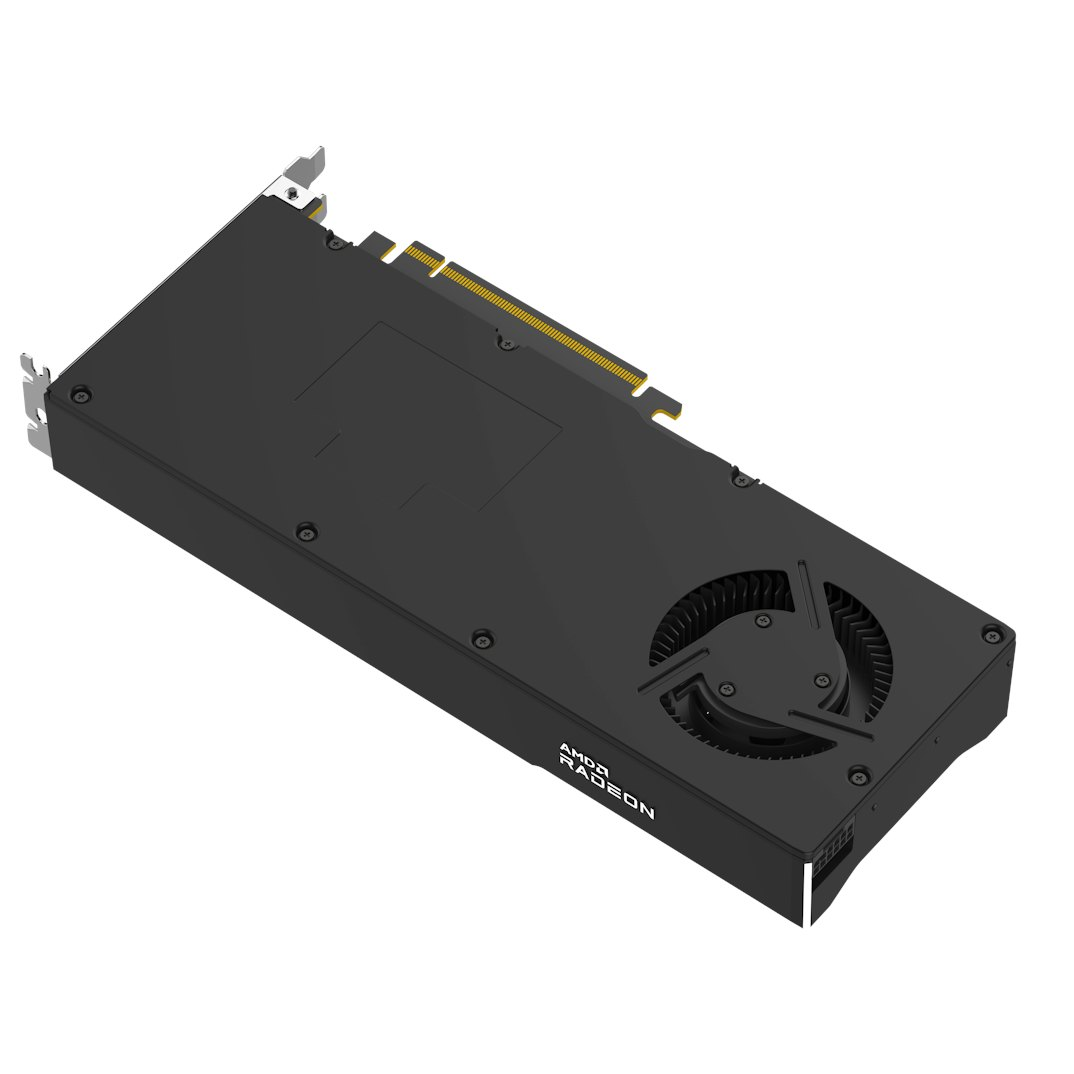 Una scheda grafica AMD Radeon nera, leggermente angolata. Ha una ventola, connettori dorati e il logo AMD Radeon.