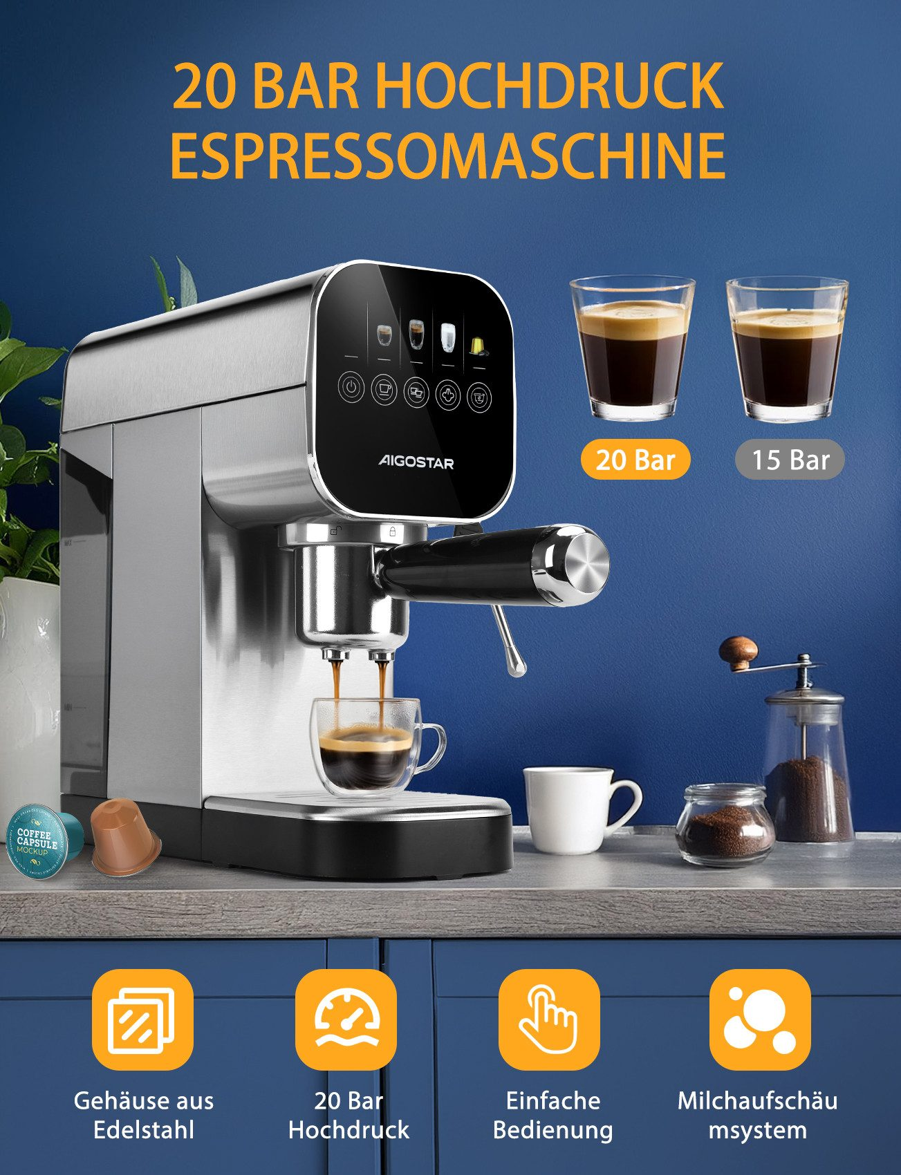 Espressomaschine, die Kaffee in ein Glas ausgibt. Zwei Kaffeeshots werden angezeigt. Funktionen auf Deutsch.