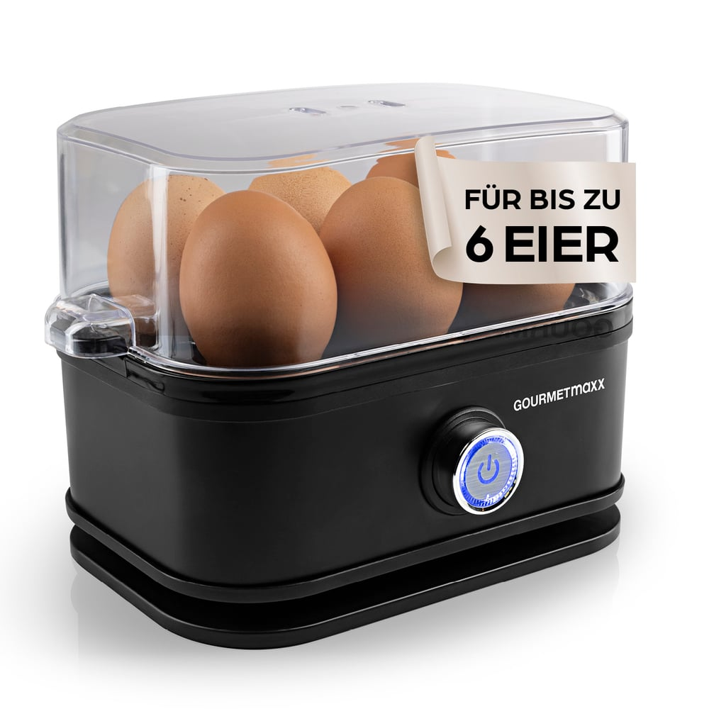 Ein Eierkocher mit 6 Eiern. Das Gerät ist schwarz mit transparentem Deckel. Text zeigt, dass bis zu 6 Eier gekocht werden können.