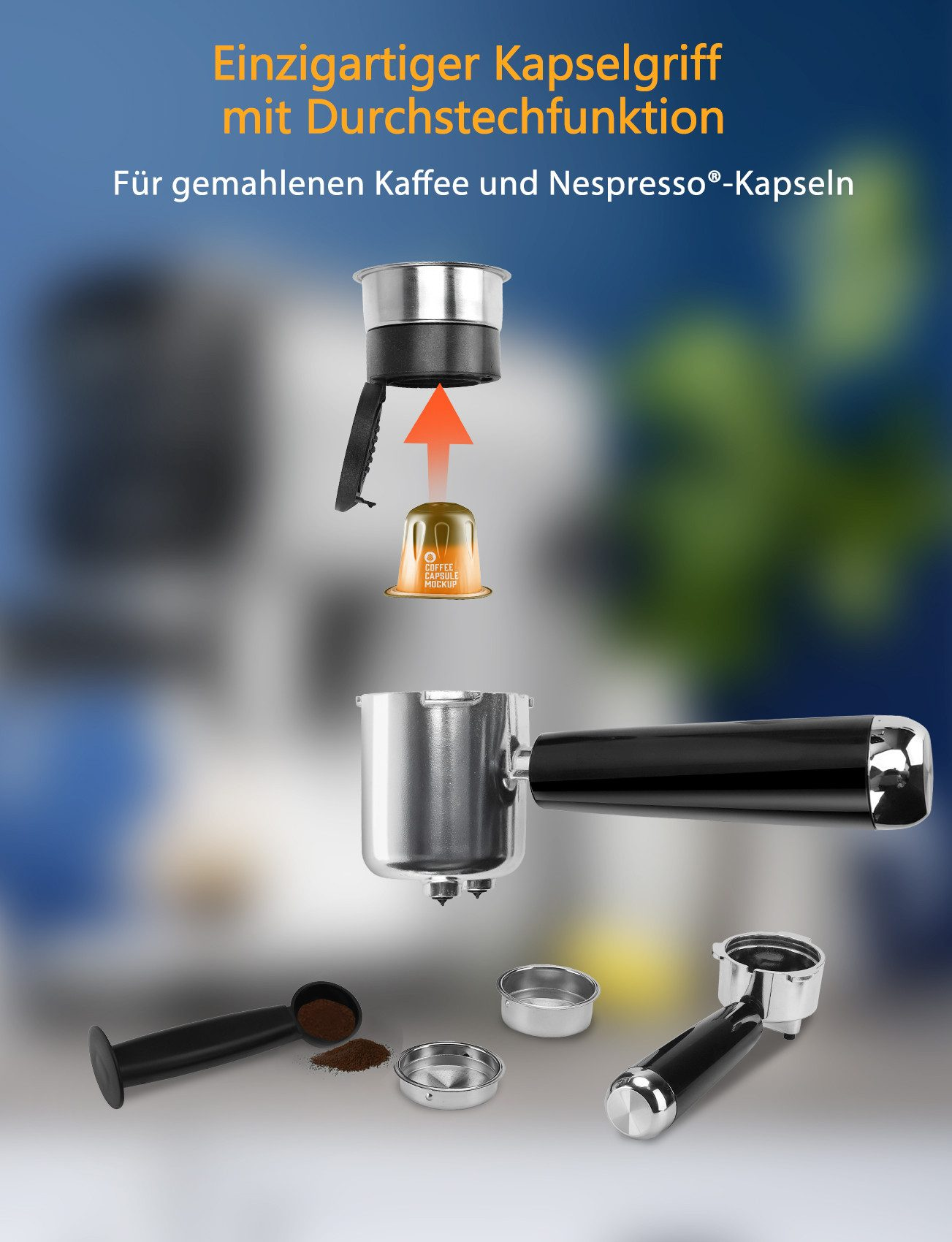 Kaffeemaschinenkomponenten mit Kaffeekapsel und orangefarbenem Pfeil nach oben, mit Text auf blauem Hintergrund.