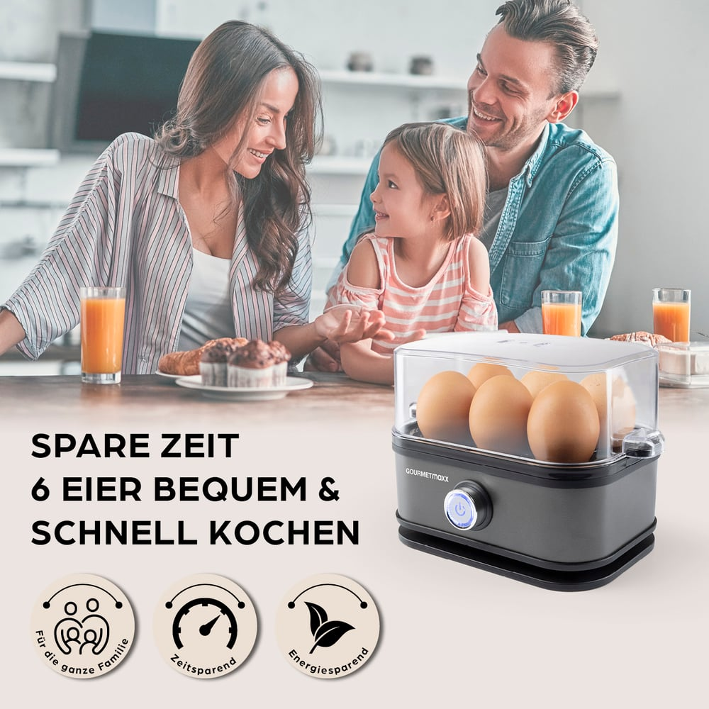 Eine Familie lächelt in der Nähe eines Eierkochers. Der Text lautet 'Spare Zeit, 6 Eier, schnell kochen'. Ein Eierkocher mit Eiern ist vorne.