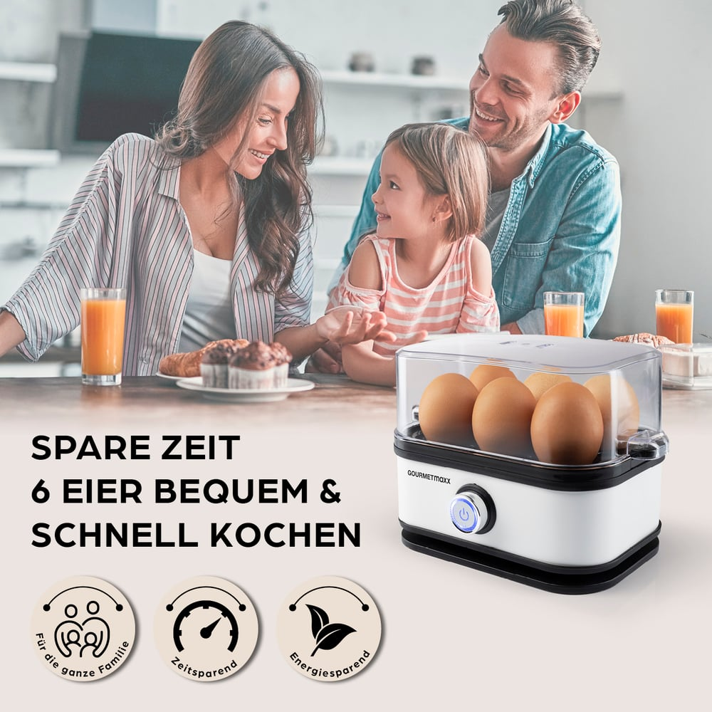 Eine Familie lächelt in der Nähe eines Eierkochers. Der Kocher hat Eier. Der Text lautet 'Spare Zeit 6 Eier bequem & schnell kochen'.