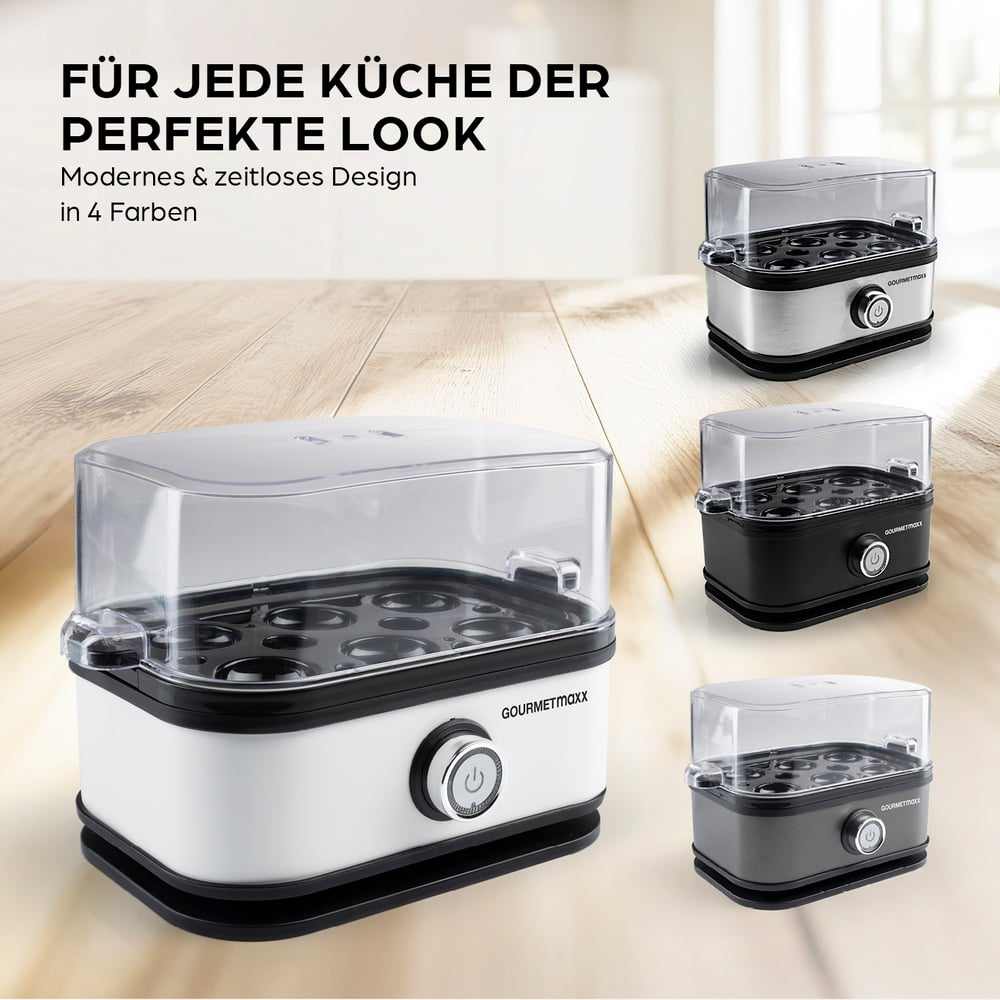 Ein Eierkocher mit durchsichtigem Deckel, in vier Farben: Weiß, Silber, Schwarz und Grau. Text: 'Perfekter Look' für jede Küche.