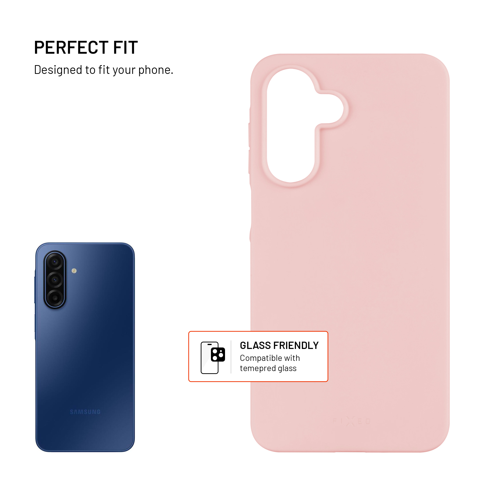 Das Bild zeigt ein blaues Telefon neben einer rosa Handyhülle. Text: 'Perfect Fit'. Die Hülle ist 'Glass Friendly'.